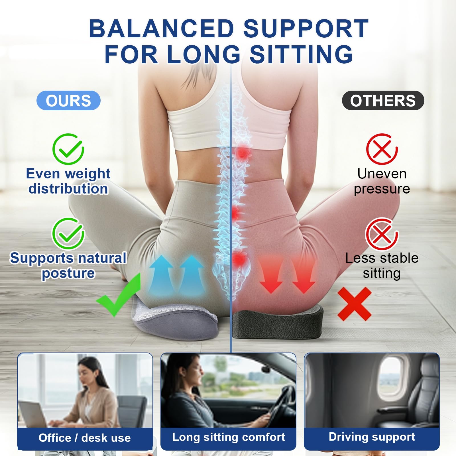 Sitzkissen für Steißbein-Schmerzlinderung, Größe XL, ergonomisches Design für langes Sitzen, Bürostuhl, Auto und Flugzeug, Rollstuhl, Hüft- und Ischiasschmerzen, Druckentlastung, hohe