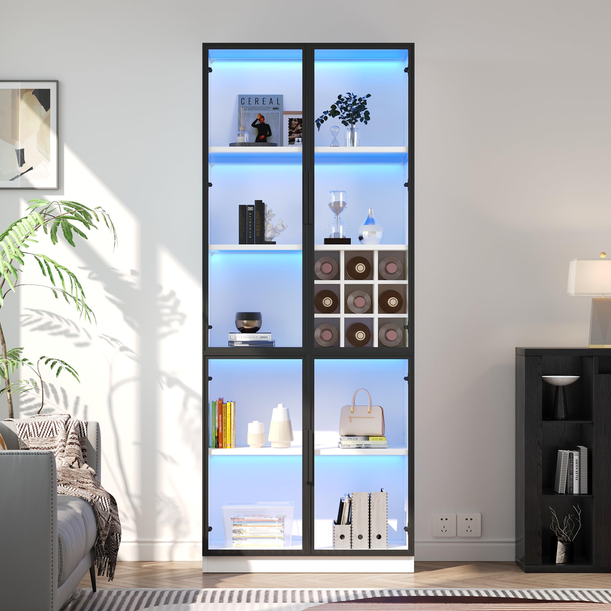 Kebnor Vetrina in Vetro con LED, Armadio Alto, Libreria, Vetrina per Vino, Elegante Credenza con Doppie Porte, Scaffale in Vetro e Supporto per Vino, 80 x 35 x 200 cm, Bianco