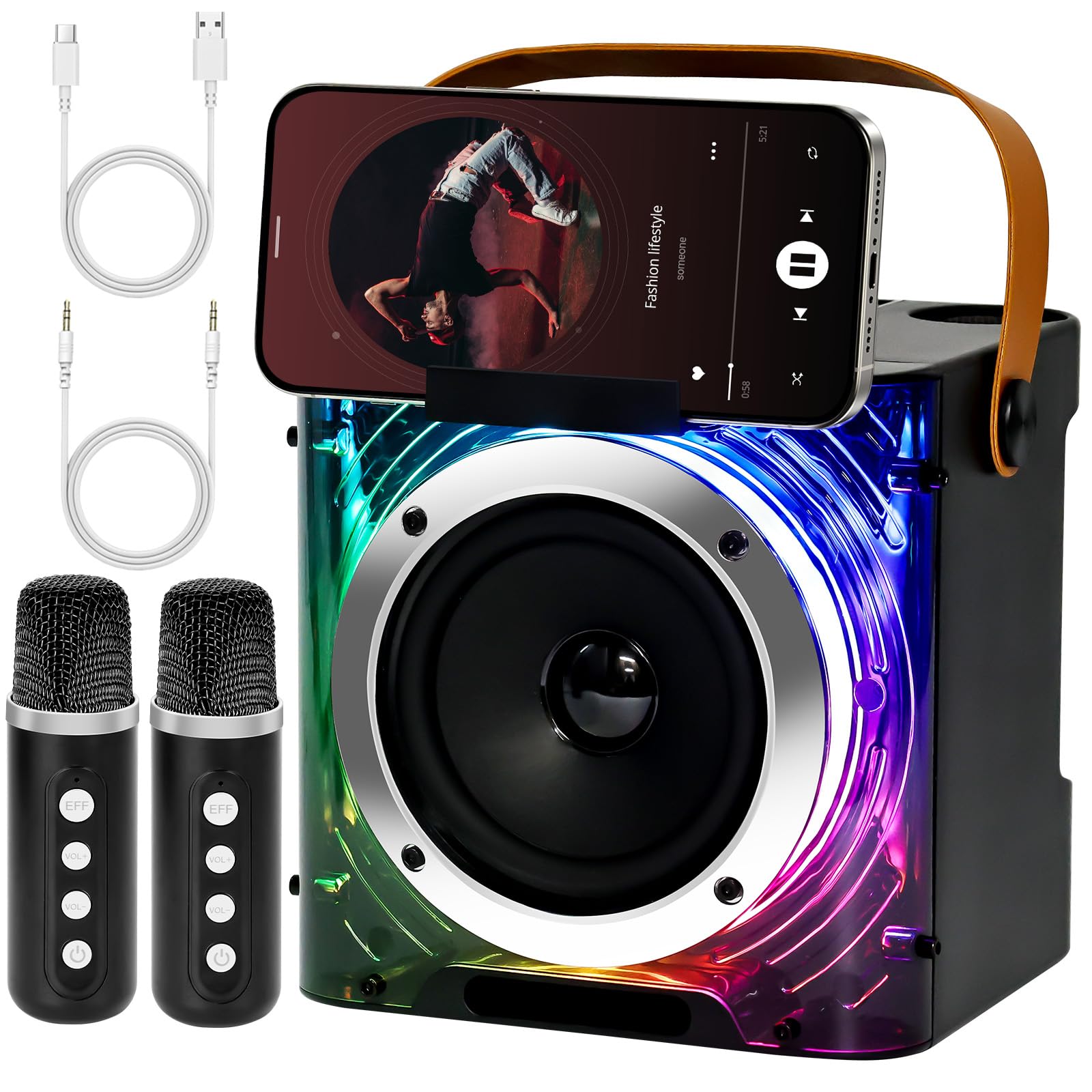 Macchina per con 2 Microfoni Wireless y Supporto per Telefono, Altoparlante karaoke cassa Bluetooth 5.3 portatile, con luci a LED per Adulti e Bambini