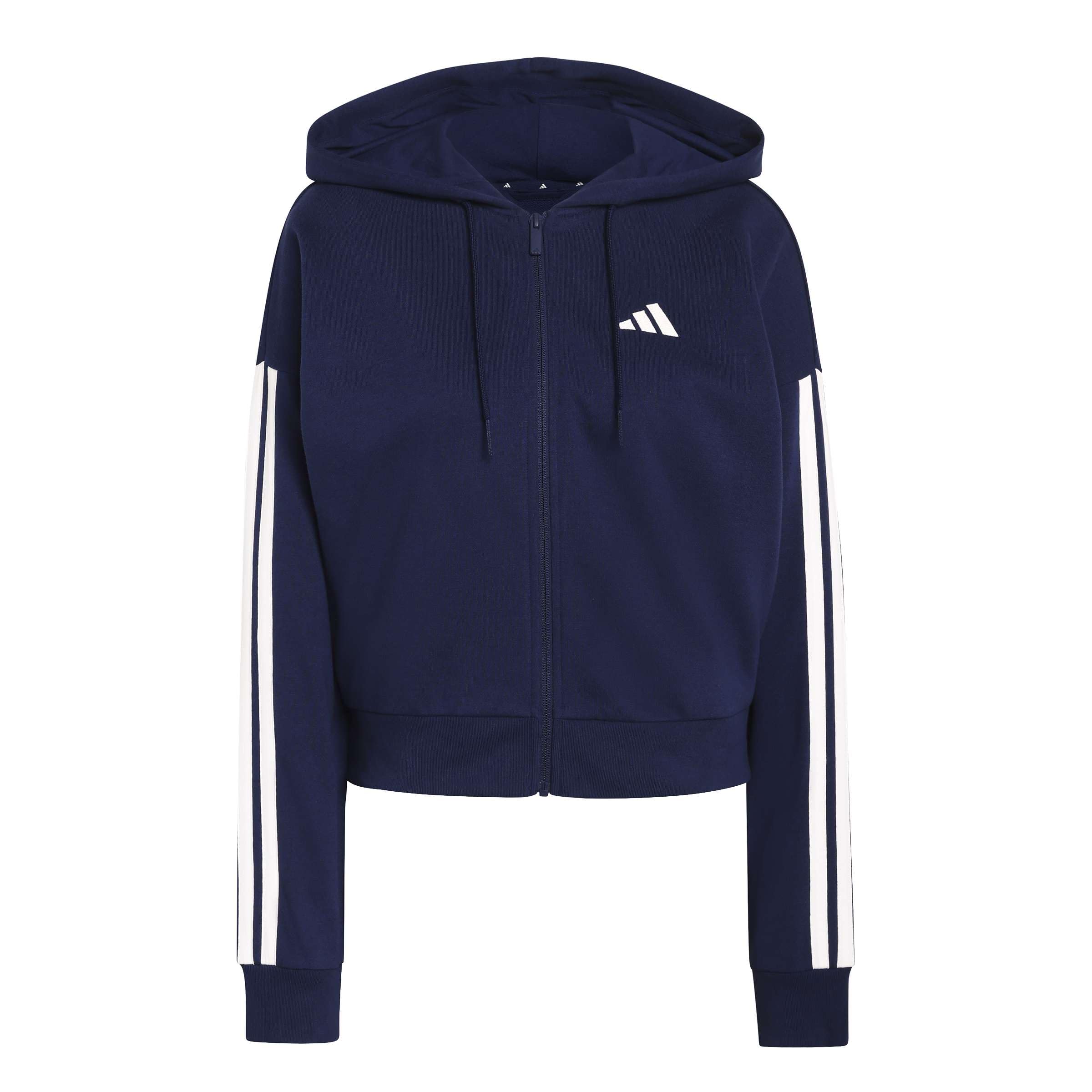 adidas Women's Essentials 3-Stripes French Terry Full Zip Hoodie, Dark Blue/White, S
