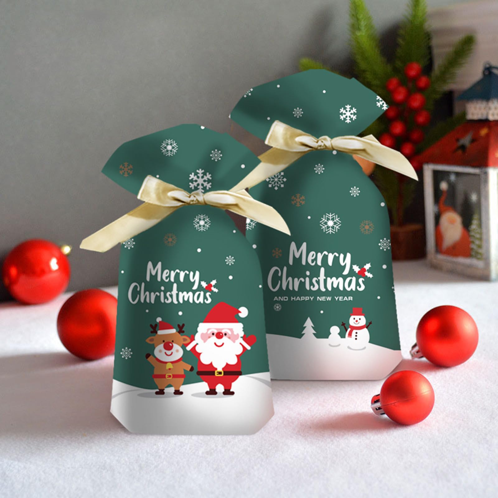 Torebki na słodycze, 50 Sztuk/Zestaw Świąteczne Torby Na Cukierki PEVA Cartoon Santa Snowman Prezenty(Red Nose)