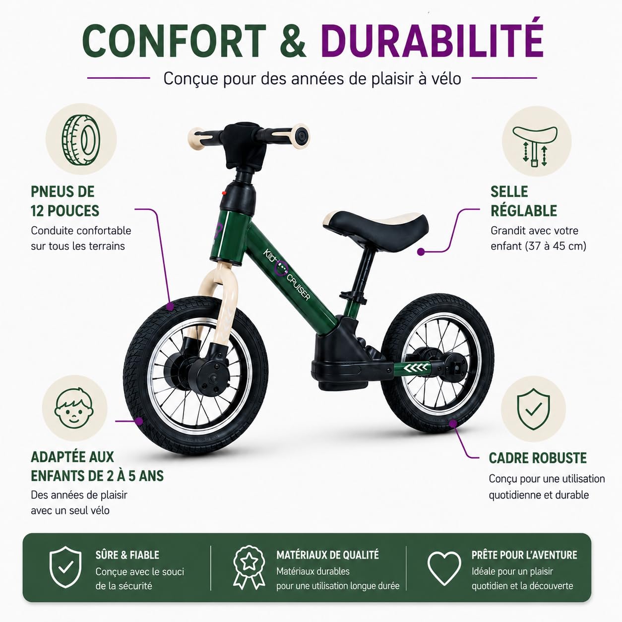 Kidcruiser Pedalplay Draisienne evolutive, Velo Enfants 2 Ans, Design 3 en 1, Javec des roulettes latérales et des pédales à LED, Cadre Robuste