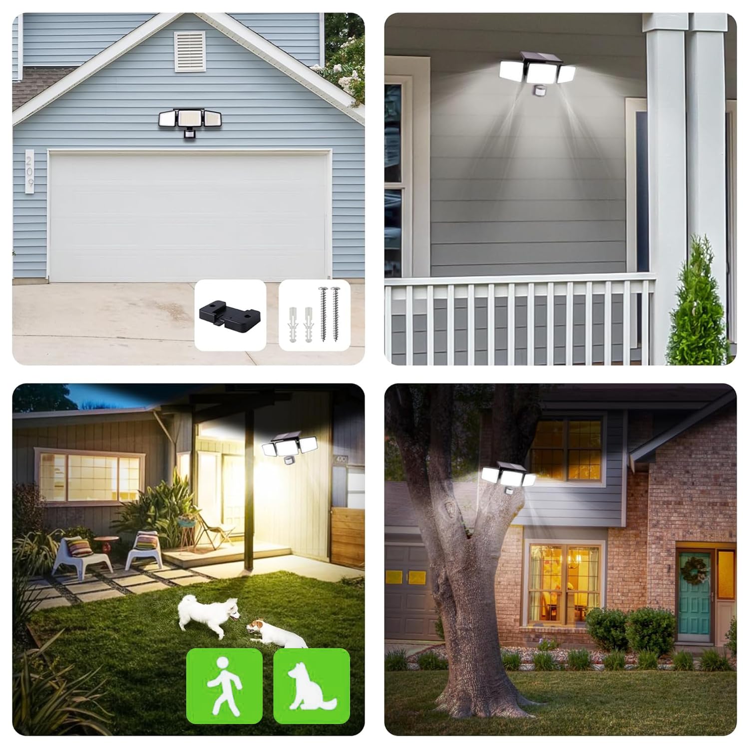 UME Lampe Solaire Extérieure, 302 LED, 1500 lm, Imperméable, Détecteur de Mouvement, Projecteur 3 Têtes, Angle d’éclairage large 270°, 3 Modes d’éclairage, Luminaire Extérieur pour Jardin