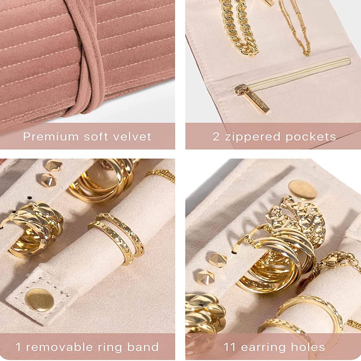 Pochette Bijoux Voyage, Rouleau de Rangement Bijoux en Velours, Porte Bijoux pour Femmes, Sac de Organisateur pour Colliers, Bracelets, Boucles d'oreilles, Idéal pour Voyage, Vacance, etc