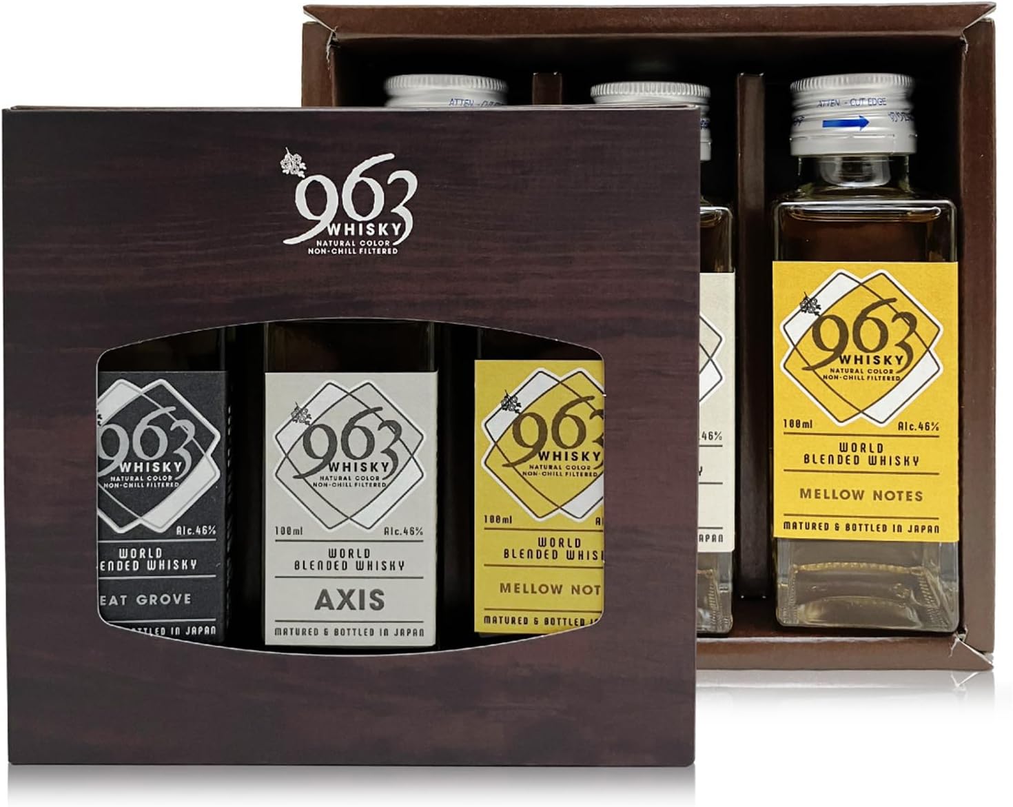 963ウイスキー 3本セット、アクシス・メロウノーツ・ピートグローヴ、各100ml、46%、東北最古の笹の川ウイスキー (のし紙 リボン掛け ギフト包装 メッセージカード可)