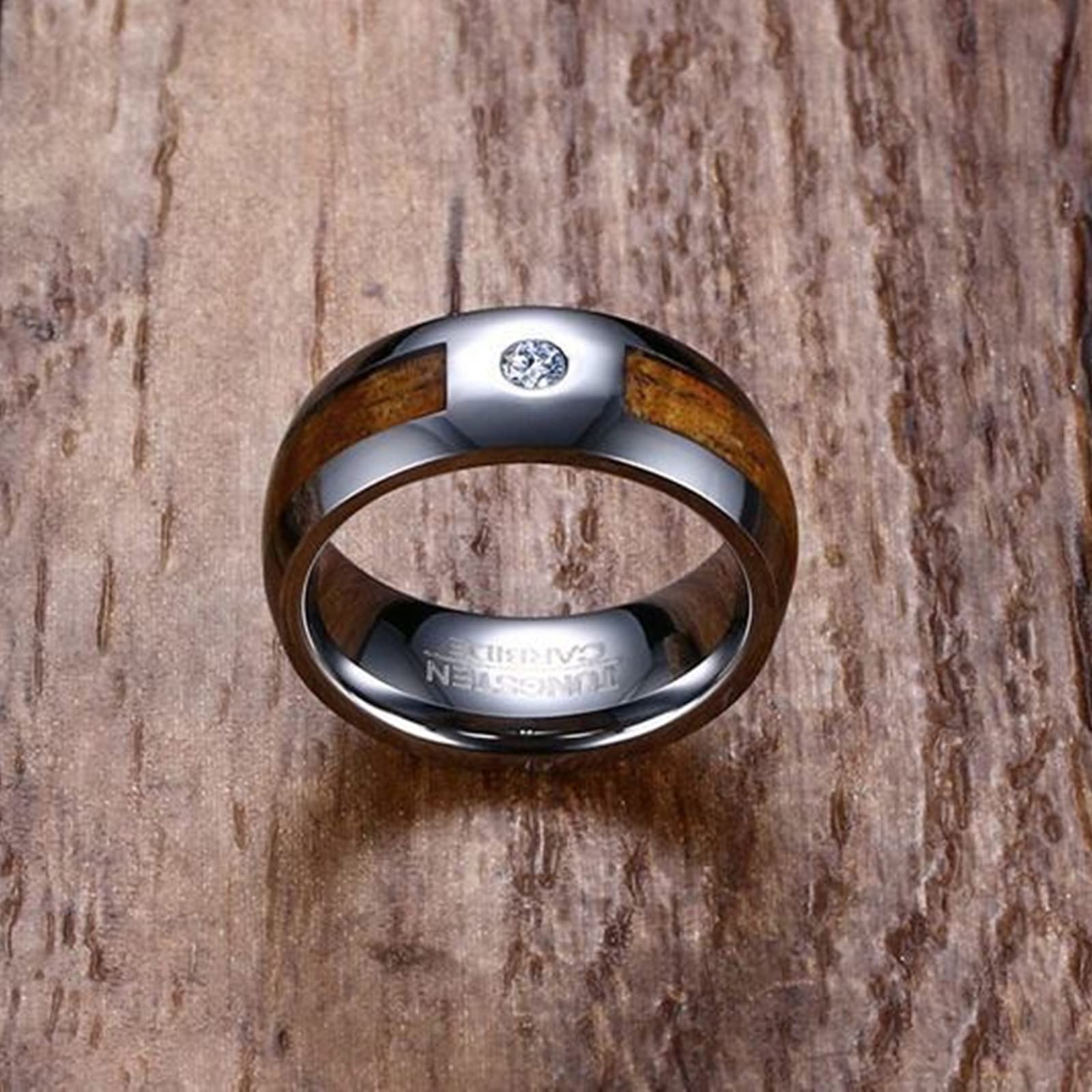 Gualiy Anelli Tungsteno Uomo, Anelli Punk Rock Anello in Argento 8mm Intarsiato in Legno Anelli Taglia 15 a 27