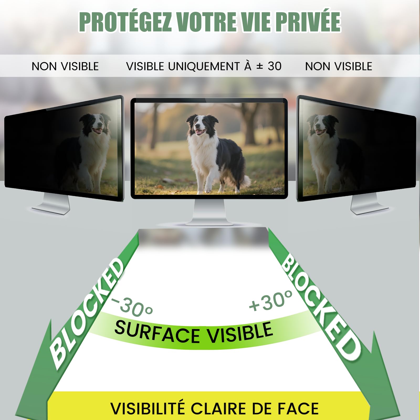 Filtre de Confidentialité 24 Pouces pour écran d'ordinateur – Protection anti-lumière bleue et anti-éblouissement – Moniteur 16:9 (53,1 x 29,9 cm)