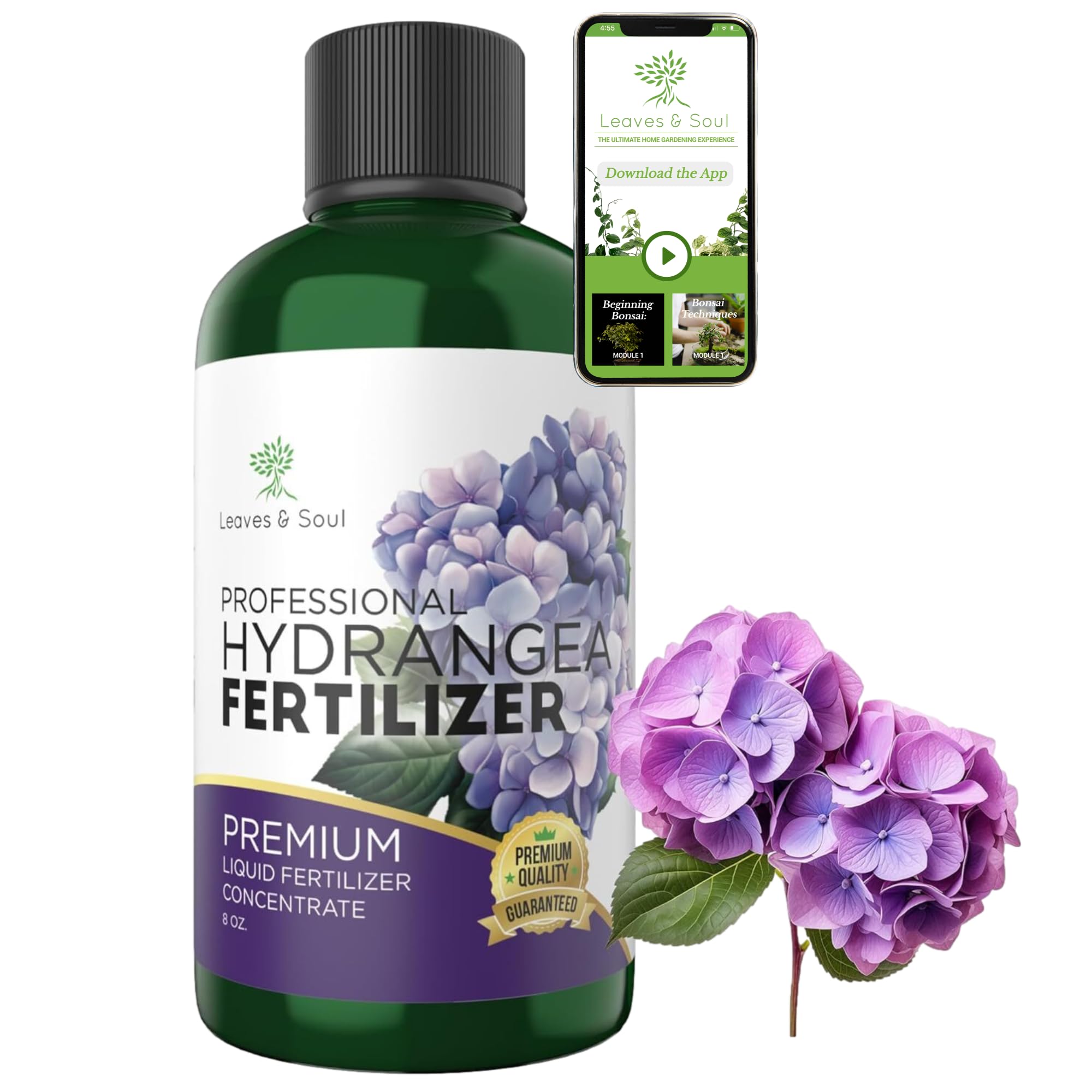 Leaves and Soul Hydrangea Professional Liquid Fertilizer - Complete 2-5-4 Nutrient Blend Concentrate for Enhanced Blooming & Growth - Perfect for Garden & Indoor Plants, Easy Application - 8 oz