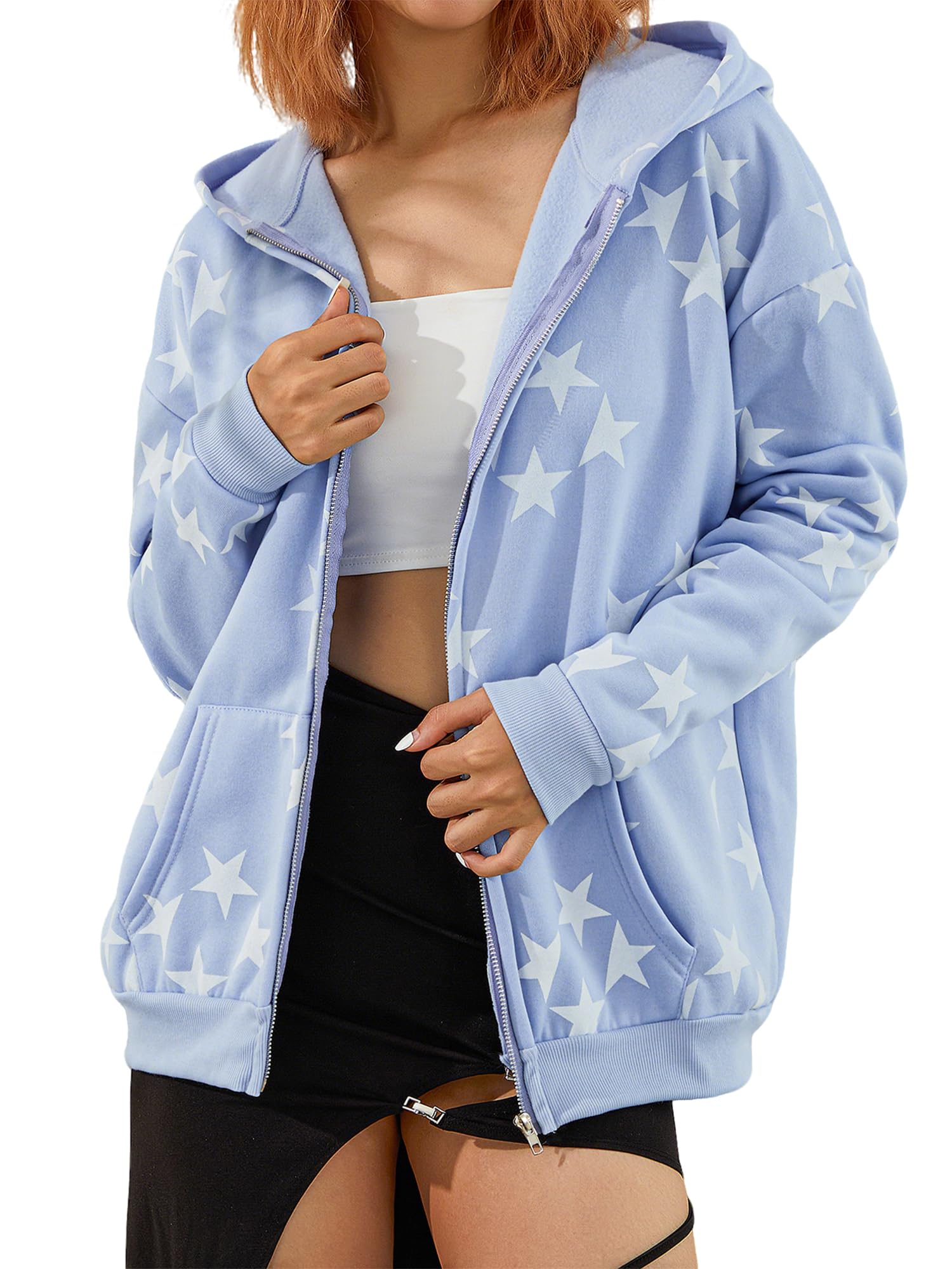 Sexy Outfit Damen Y2k Grunge Star Zip-Up Hoodie Gemütliche Loose Fit Harajuku Streetwear Sweatshirt mit Tasche für Herbst Winter