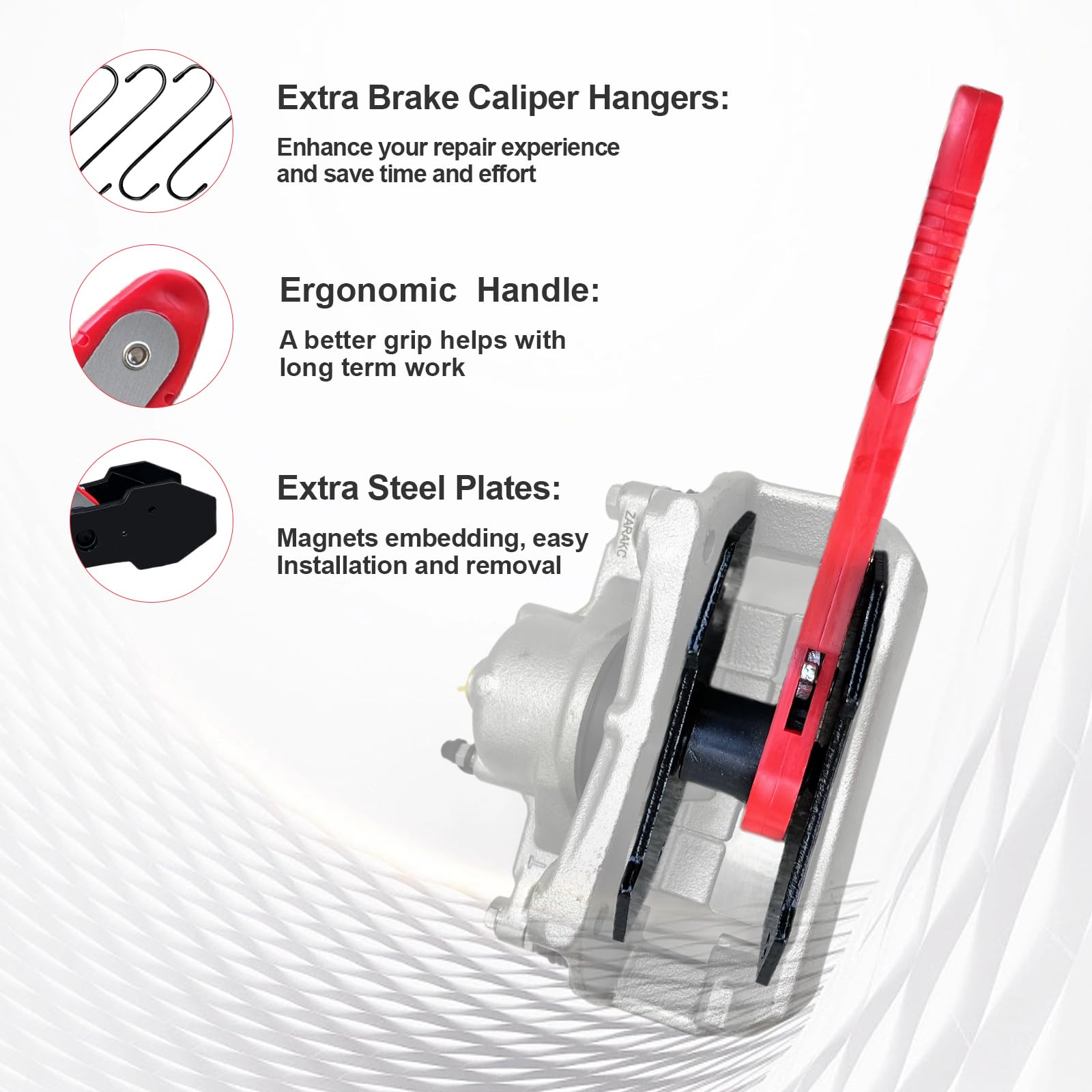 Kit de herramientas de compresión de pinza de freno, herramienta de compresor de pistón de pinza, prensa de pistón de trinquete de 360° con 4 ganchos y 2 placas de acero grandes para pinza de freno de