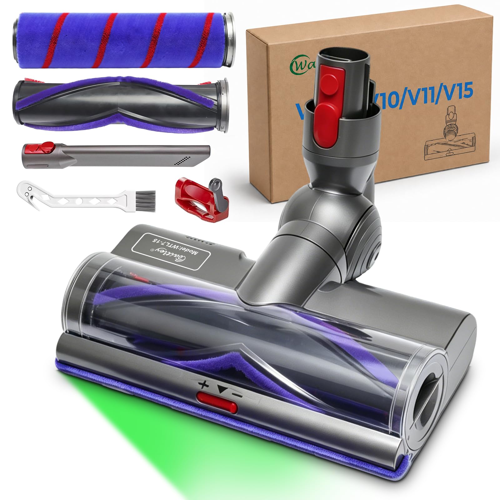 Waitley Bürste kompatibel mit Dyson V7 V8 V10 V11 V15 Staubsauger, Elektrische Bürste mit LED-Leuchte, Flexibler Drehkopf, Inkl. 2 Ersatzrollen