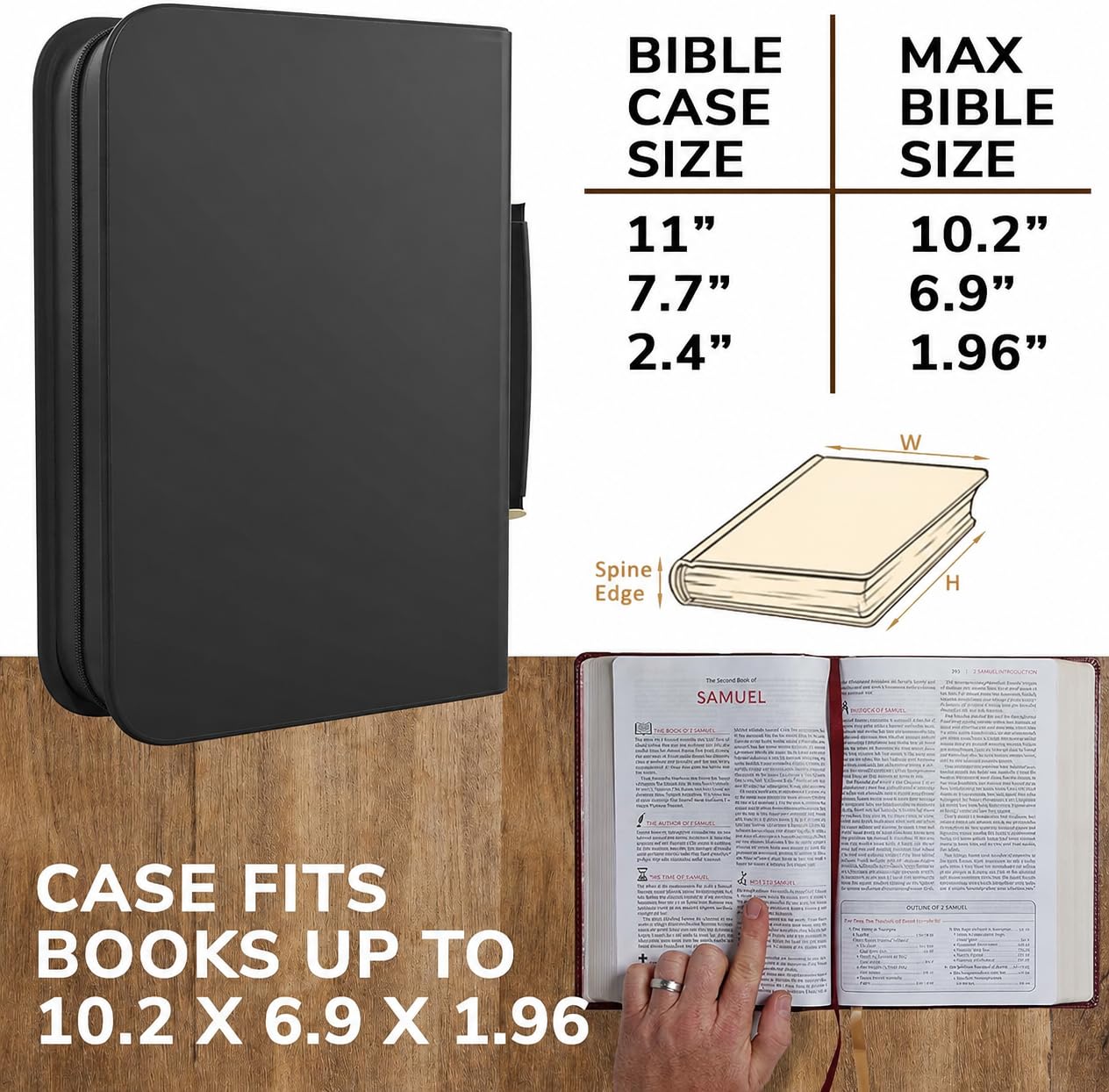 DEHITE Bibelhülle für Damen und Herren, Leder-Bibel-Tragetasche, groß, mittelgroß, passend für Bücher 17,8 x 25,7 x 4,8 cm, Stiftfächer, Reißverschlussfach, hochwertiges Kunstleder, schwarzes