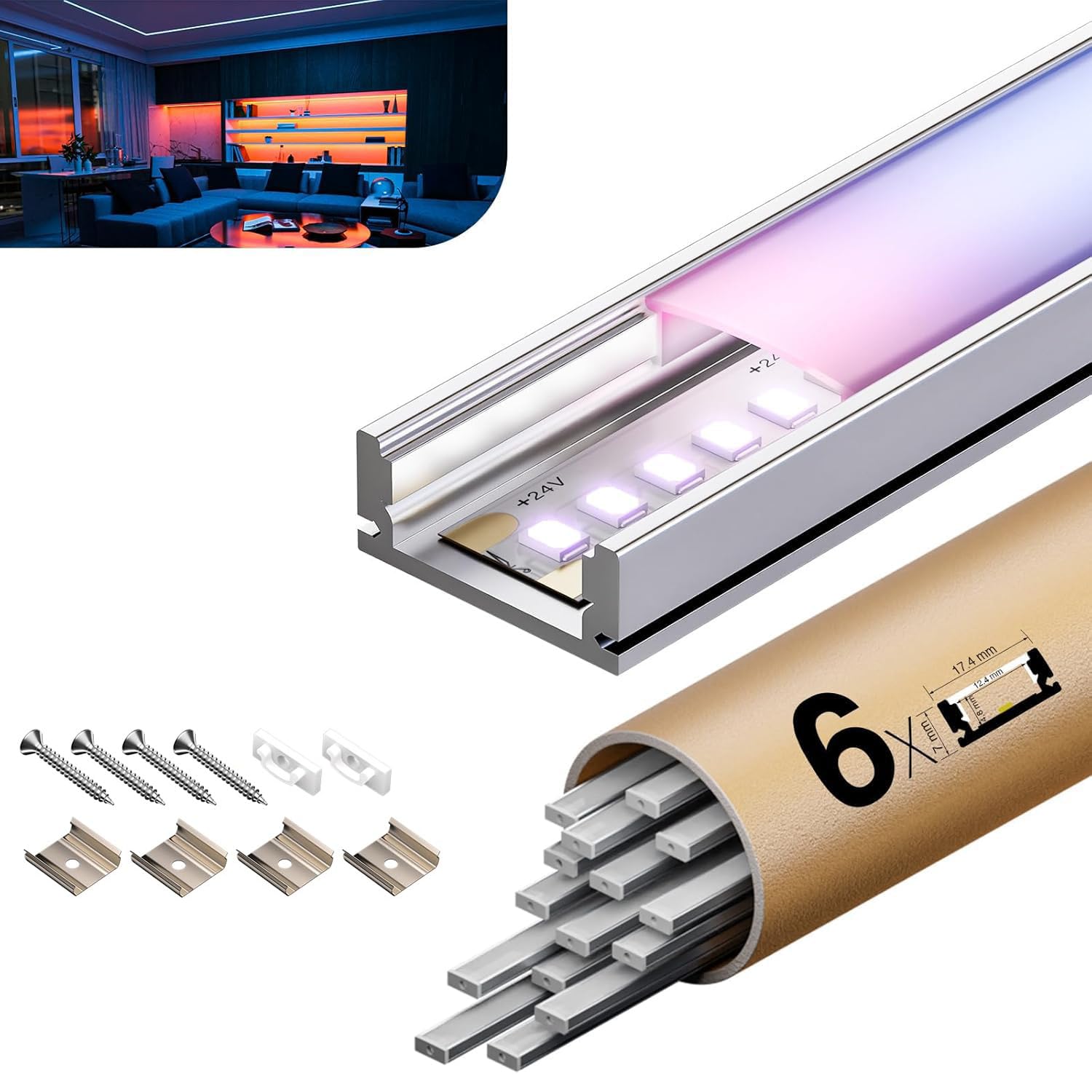 Profilo in alluminio a LED adatto per strisce LED, 2 m x 6 pezzi 12 m, dimensioni 17,4 mm x 7 mm, per strisce LED con una larghezza inferiore a 12,4 mm, con accessori di montaggio
