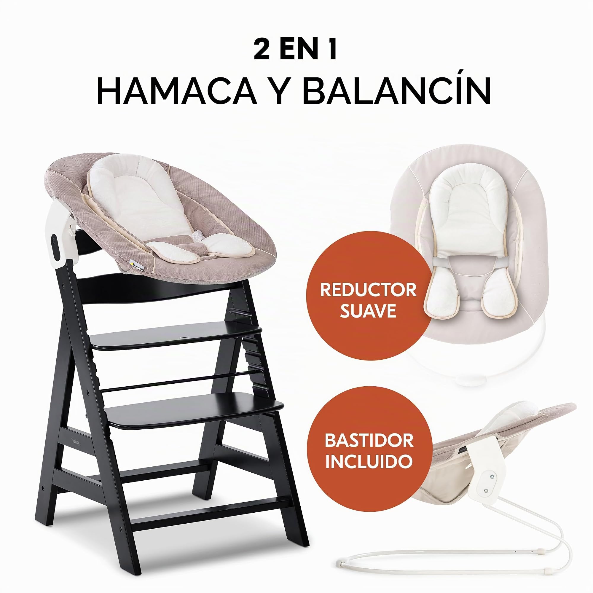 hauck Alpha Plus Newborn Set Trona Evolutiva Recién Nacidos con Hamaca Cojín y Arnés - Silla Alta de Madera para Bebés desde el Nacimiento - Tronas Primeras Comidas para Niños - Beige Negro | Trona de madera para niños desde el nacimiento hasta 90 kg, inc