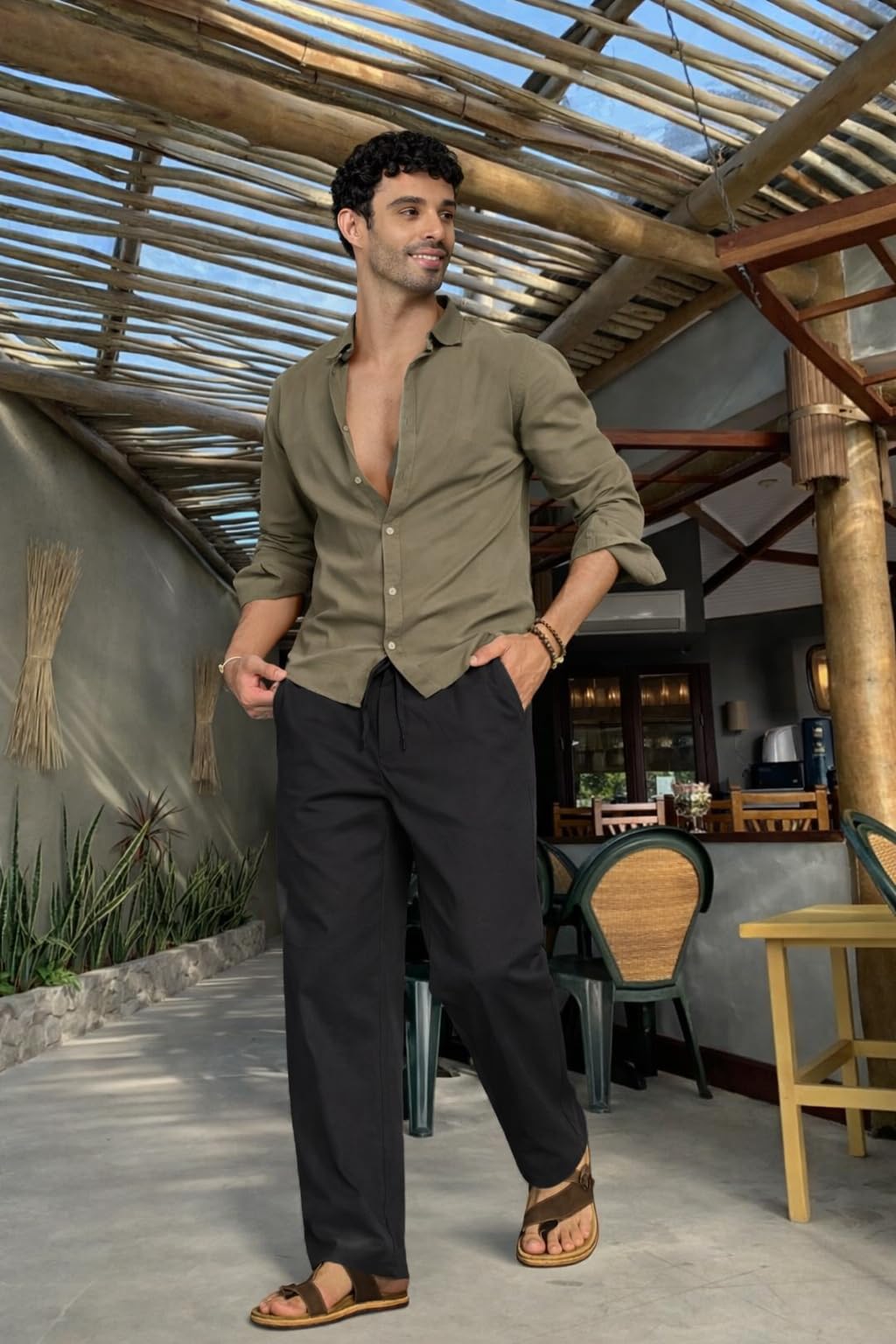 COOFANDY Pantaloni in lino da uomo con coulisse, leggeri, per il tempo libero, traspiranti, in cotone, con tasche
