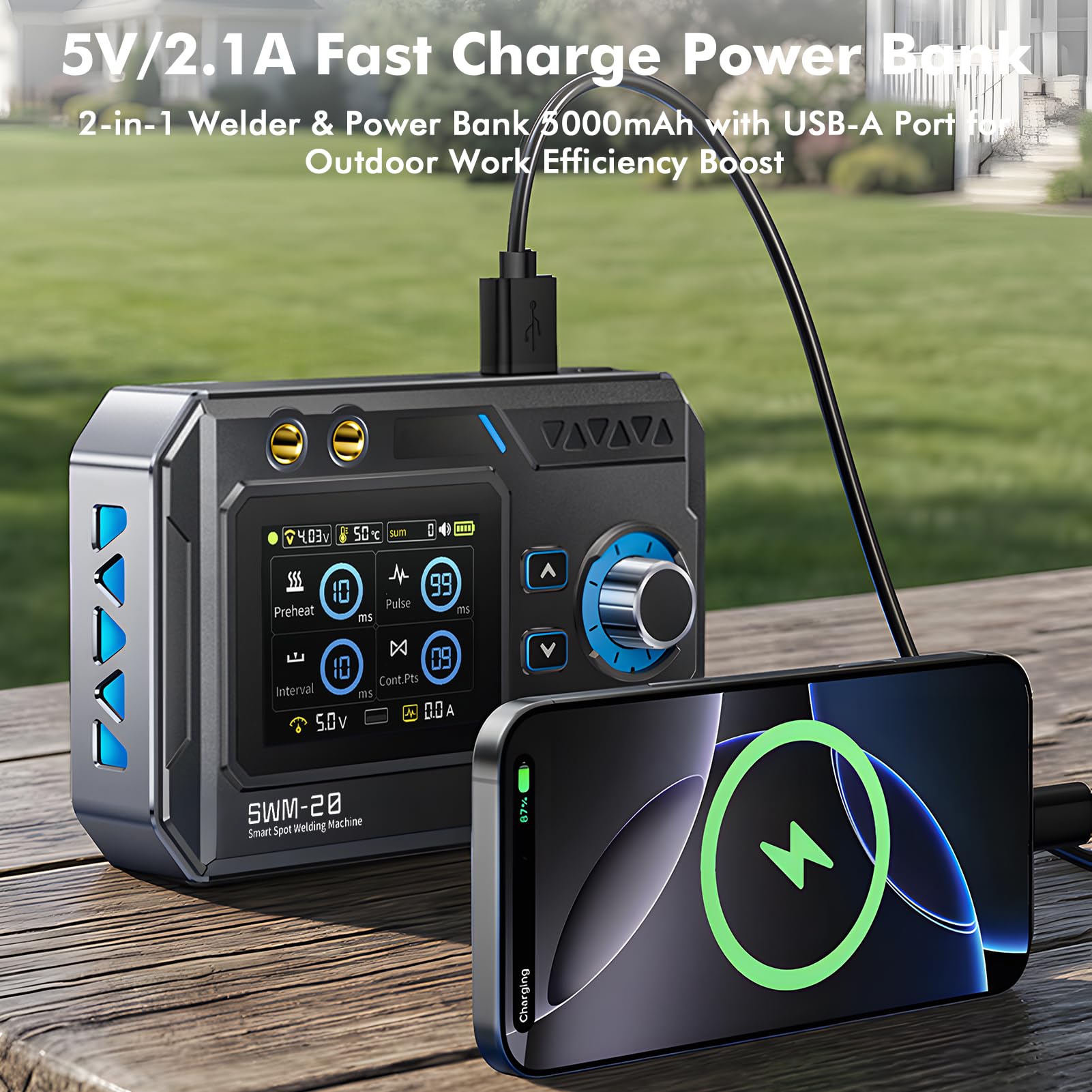 Soudeuse par Points, SWM-20 Poste à Souder à Batterie portable 5000 mAh avec double impulsion à courant élevé 1200 A quatre niveaux de puissance réglables pour tôles en acier inoxydable et en nickel