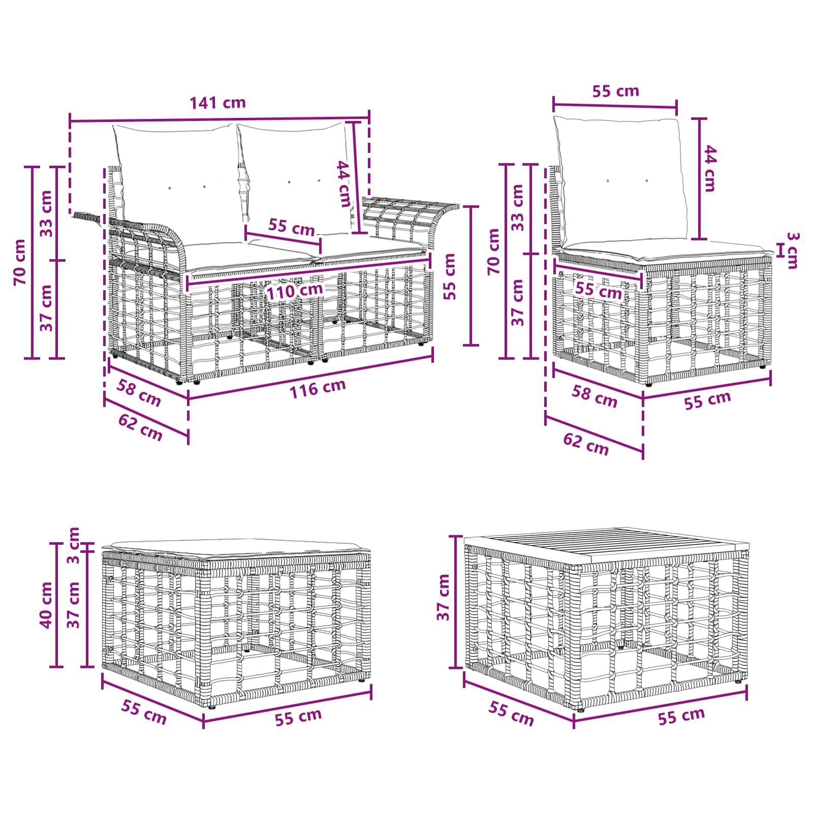 Ensemble de canapés d extérieur 10 pcs Noir Gris foncé Poly rotin Cadre Acier 55 x 55 x 37 cm pour Jardin terrasse Balcon, modulable Assise Confortable