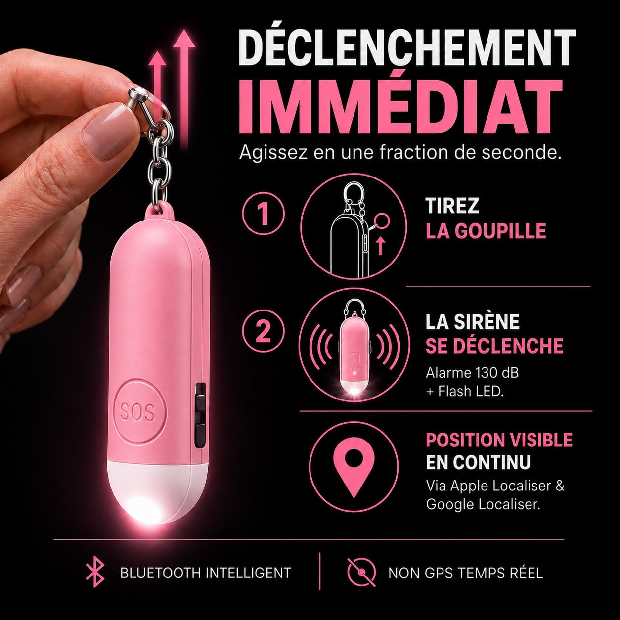 VOLTEK Safe Alarme Personnelle Anti Agression 130 DB Tracker Bluetooth, Compatible Apple FindMy iOS & Android, Alarme de Poche Self Defense, Porte-clés Sécurité, Flash LED, Bouton SOS, USB-C