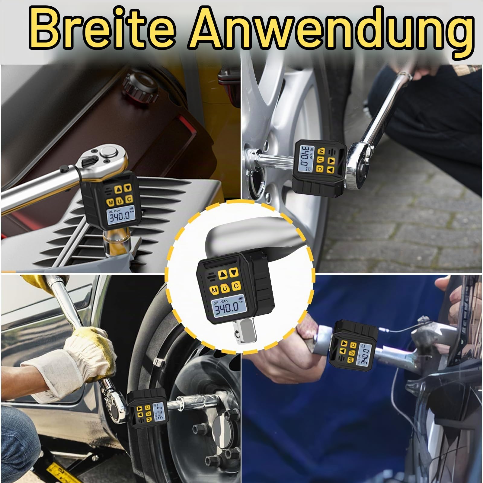 Digitaler Drehmomentadapter 1/2 Zoll, 17-340Nm Drehmomentschlüssel Auto Digital mit 3/8" und 1/4" Adapter, Summer, LED-Anzeige für Motorrad Auto Reparatur