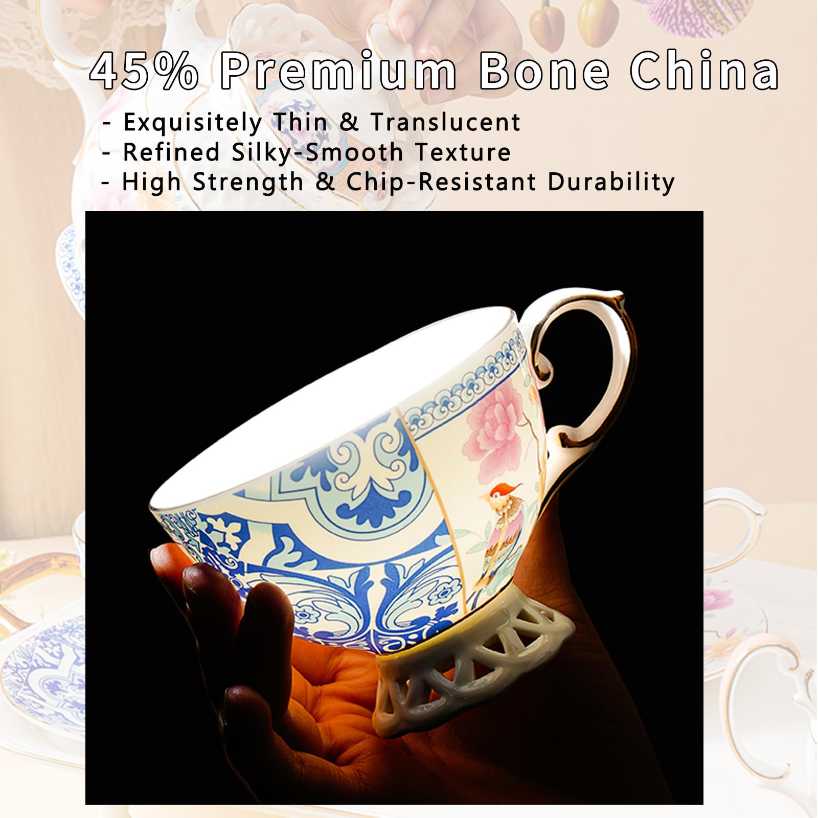 PANAOAHU Bone China Cup & Saucer Set, Ceramic Coffee Cup with Gold