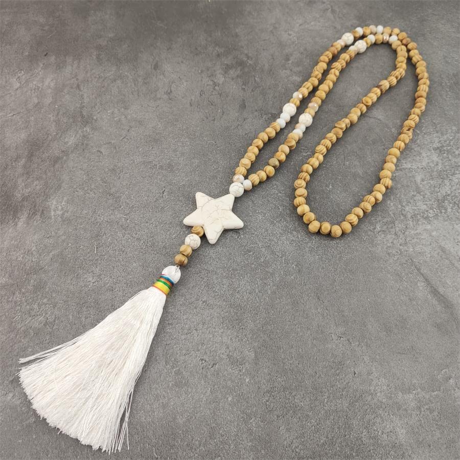 Collana Lunga Donna In Perline Di Legno Con Ciondolo Nappa, Stile Turchese, Bohémien - 3
