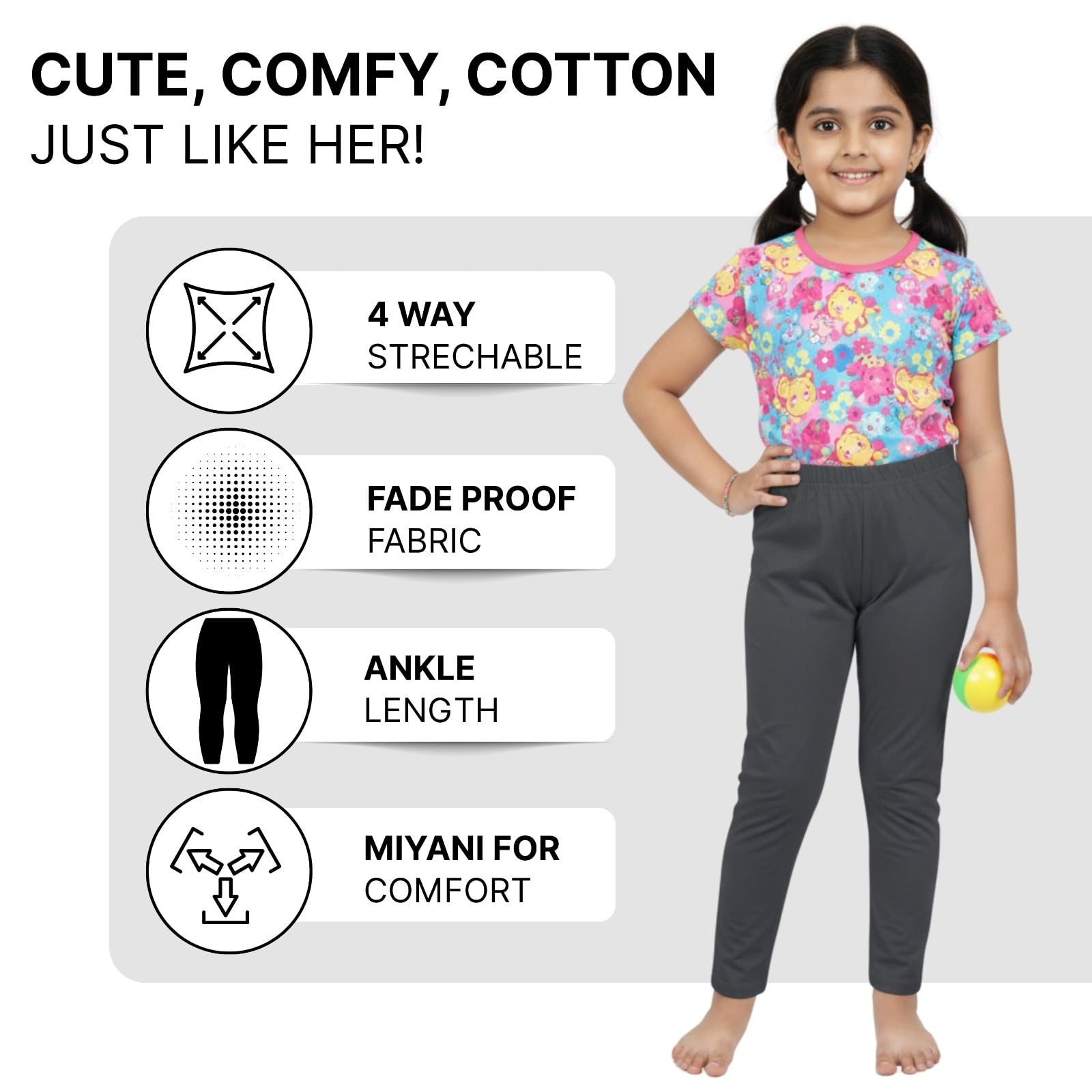 comfycute Cotton Leggings for Girls | Soft Stretchable Plain Ankle Length Bottoms for Kids | Non-Transparent Fabric | Comfortable Regular Fit Daily Leggings for All Day Use | 8-9 Yr Gray - Image 5 thumbnail