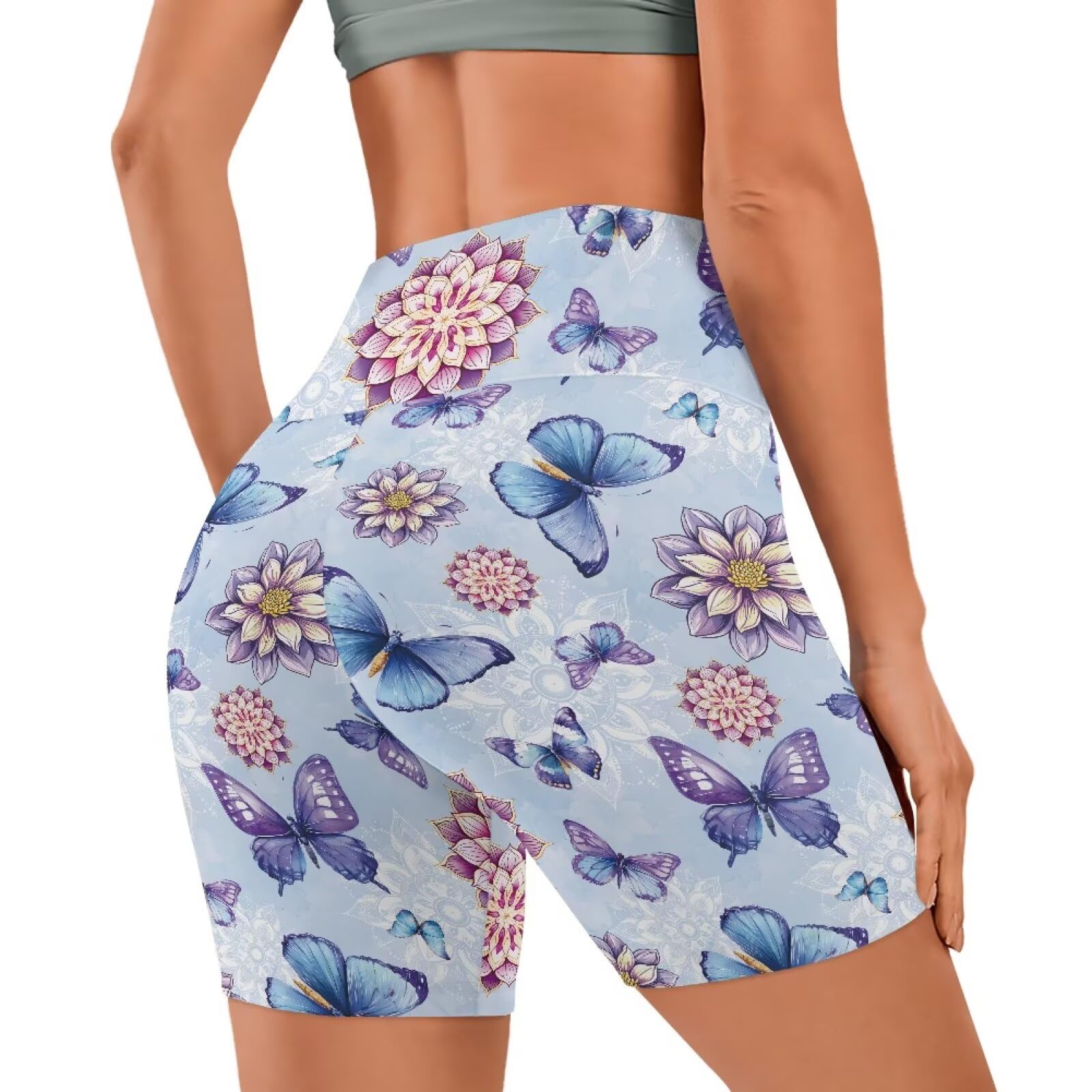 NRBEAWD Women's High Waisted Cycling Shorts Boho Flower Butterfly Shorts Tummy Control Non See Through Workout Athletic Running Yoga Leggings with Pockets