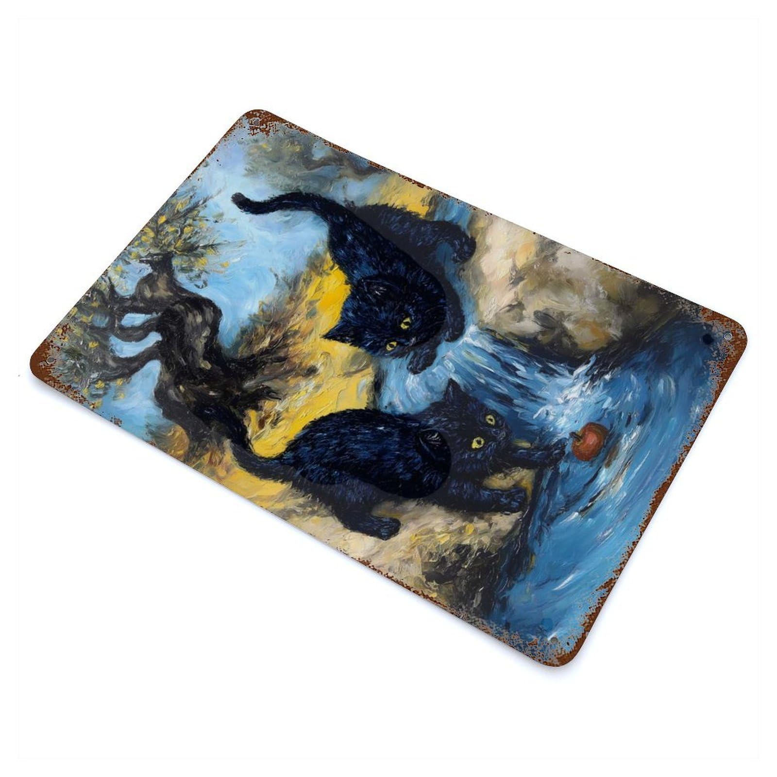 Distressed Metal Wall Sign with Black Cats And Apple by Waterfall Design 11.8"x7.9", for Farmhouse, Kitchen And Entryway Decor, Old School Wall Decor