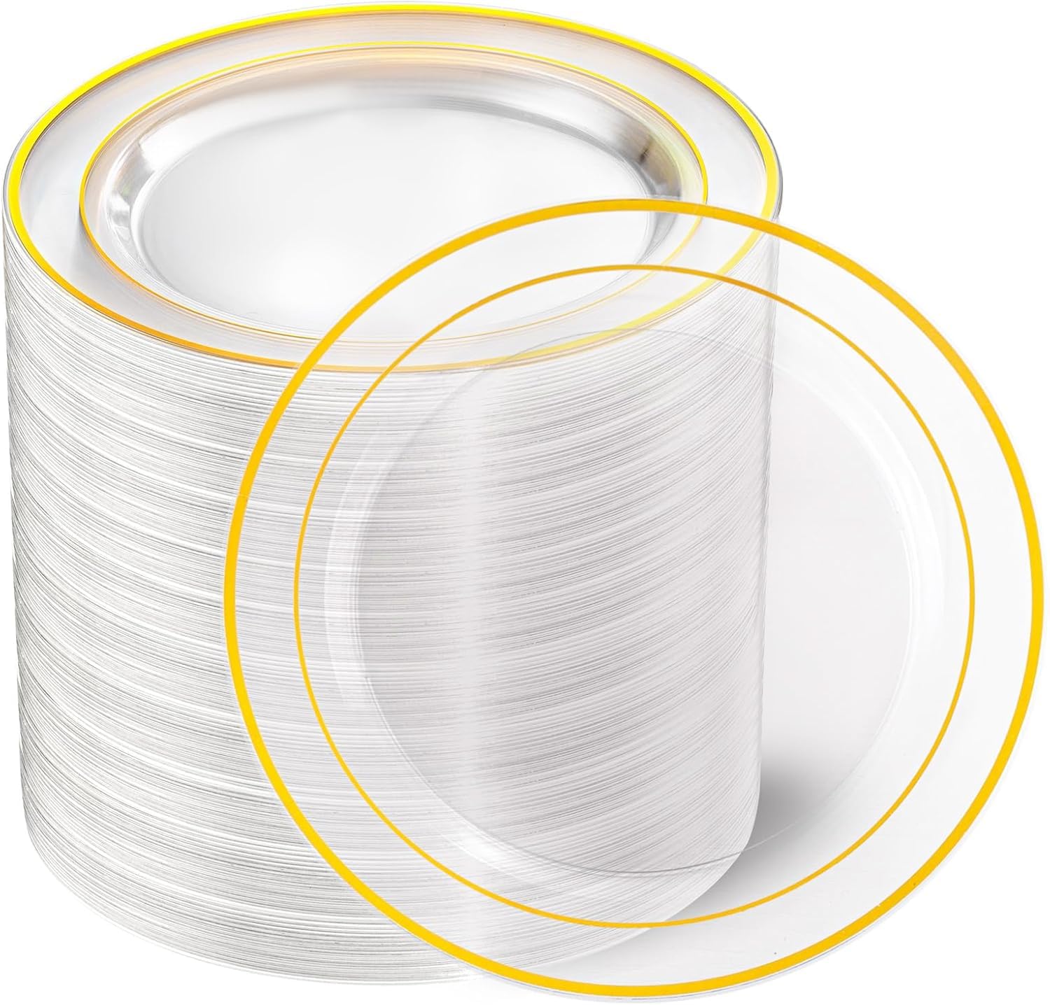 100PCS Clear Gold Plastic Plates, Clear Dinner Plates with Gold Rim 10 Inch, Fancy Disposable Wedding Premium Plastic Plate for Wedding & Party