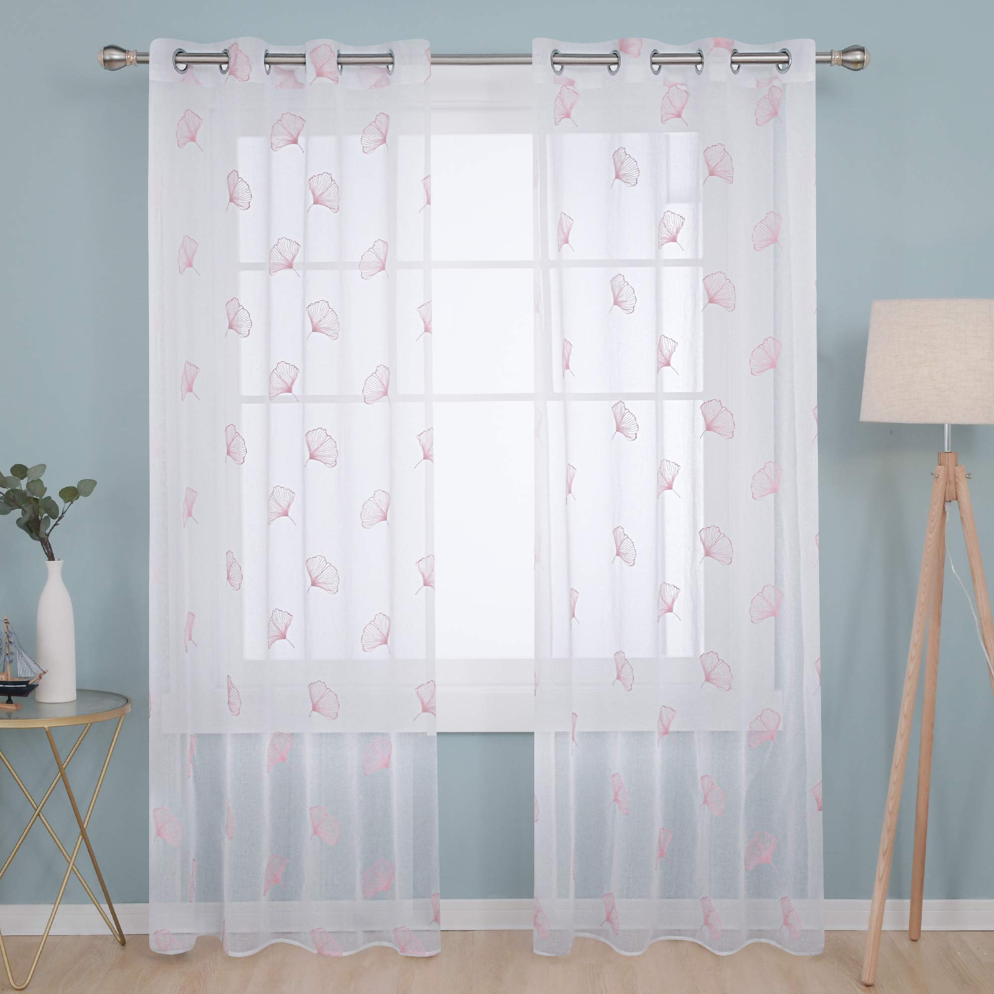 Deconovo Eyelets Linen Look Sheer Curtains Privacy Protection Voile Curtains Super Soft Home Decorative Net Curtains for Bedroom 55 x 102 Inch Pink Two Panels — image 1