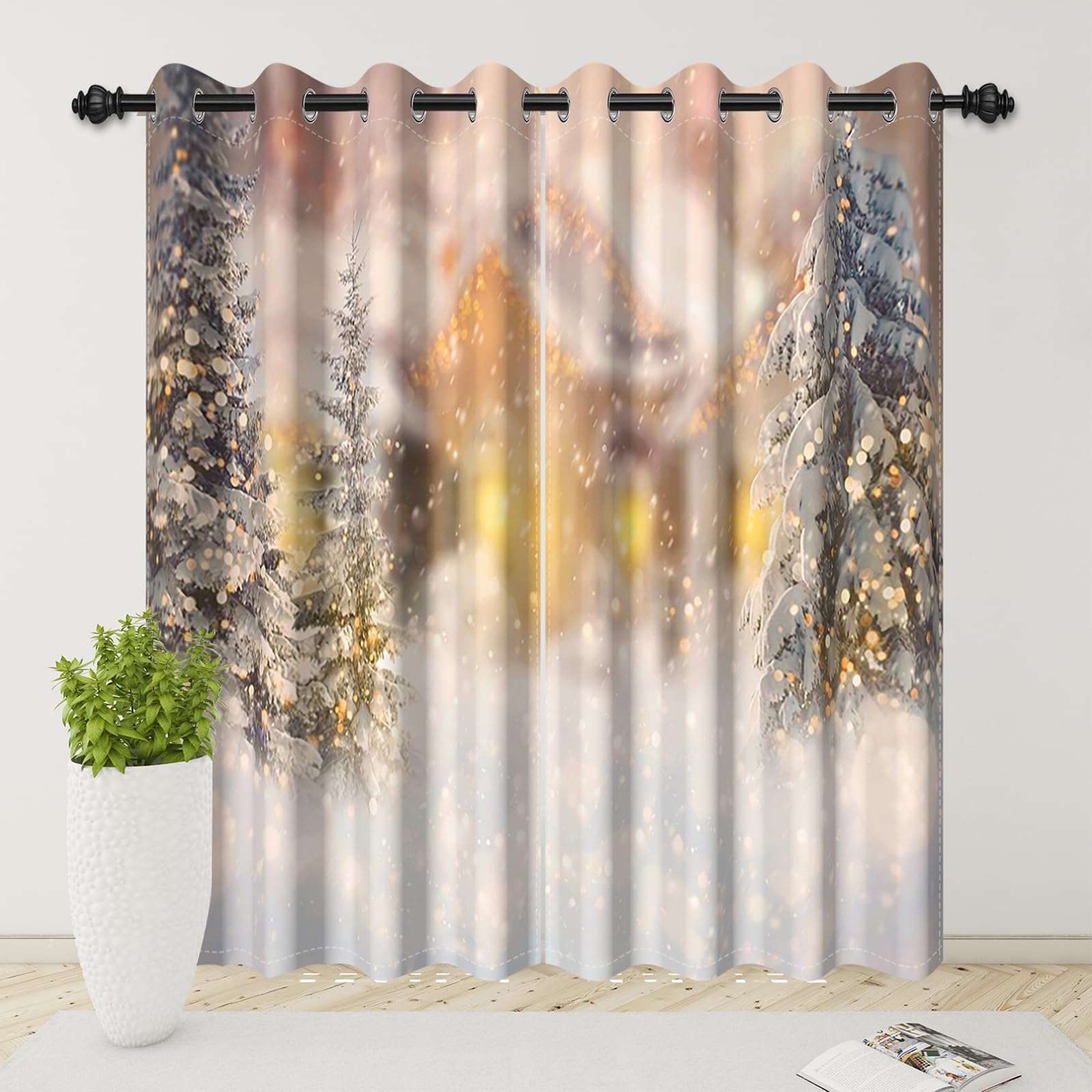 Cortinas navideñas, Cortinas Verdes para árbol de Navidad, Paisaje Invernal, Cortinas Opacas Opacas con Ojales para Dormitorio, salón, habitación Infantil, Juego de 2, 140 x 260 cm