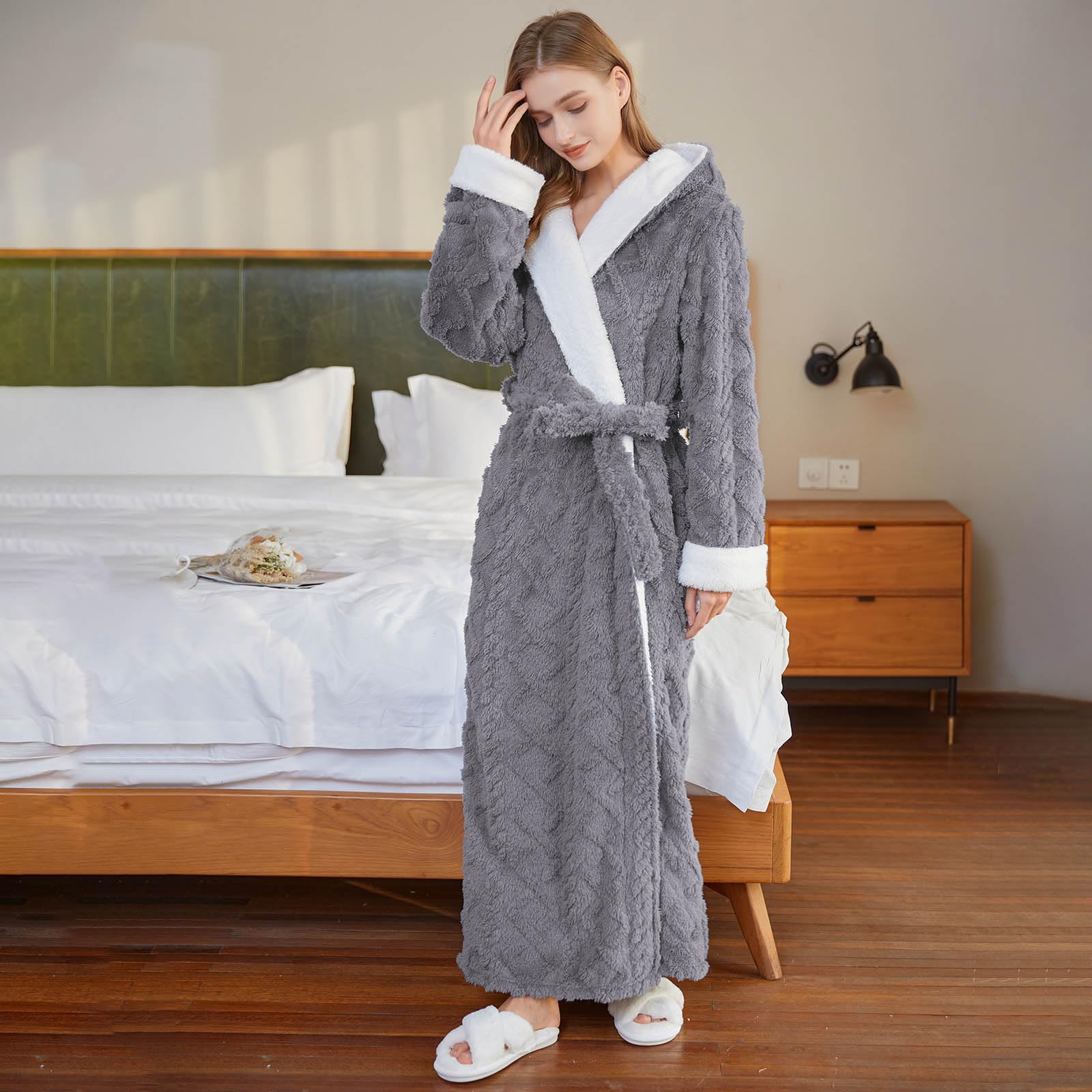 PUTUO Robe de Chambre Femme Polaire: Peignoir de Bain Femme Tres Longue Hiver Chaud Peignoir avec Capuche