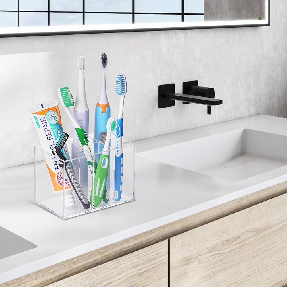 GOSAI Wall Mounted Self Adhesive Acrylic Tooth Brush Holder, Toothpaste