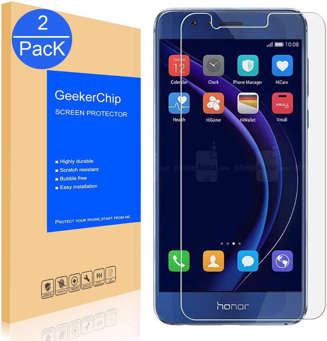 GeekerChip Honor 8 Screen Protector[2-Pack], HD Clear Tempered Glass Screen Protector Protective Film Cover for Honor 8