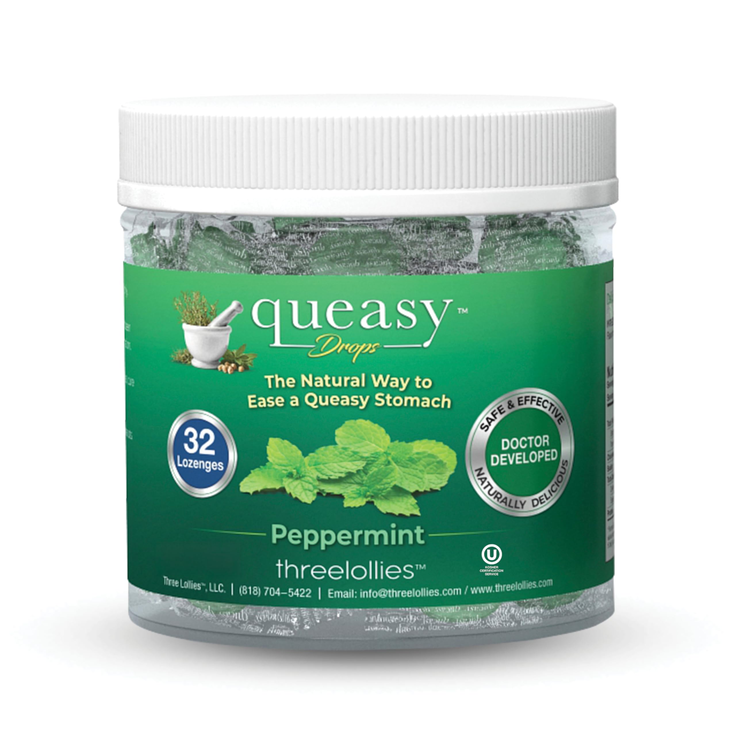 Three Lollies Queasy Drops - Peppermint Flavor - Relief from Nausea &amp; Travel Sickness, Soothes Dry Mouth &amp; Stomach, Natural Ingredients - 32 ct