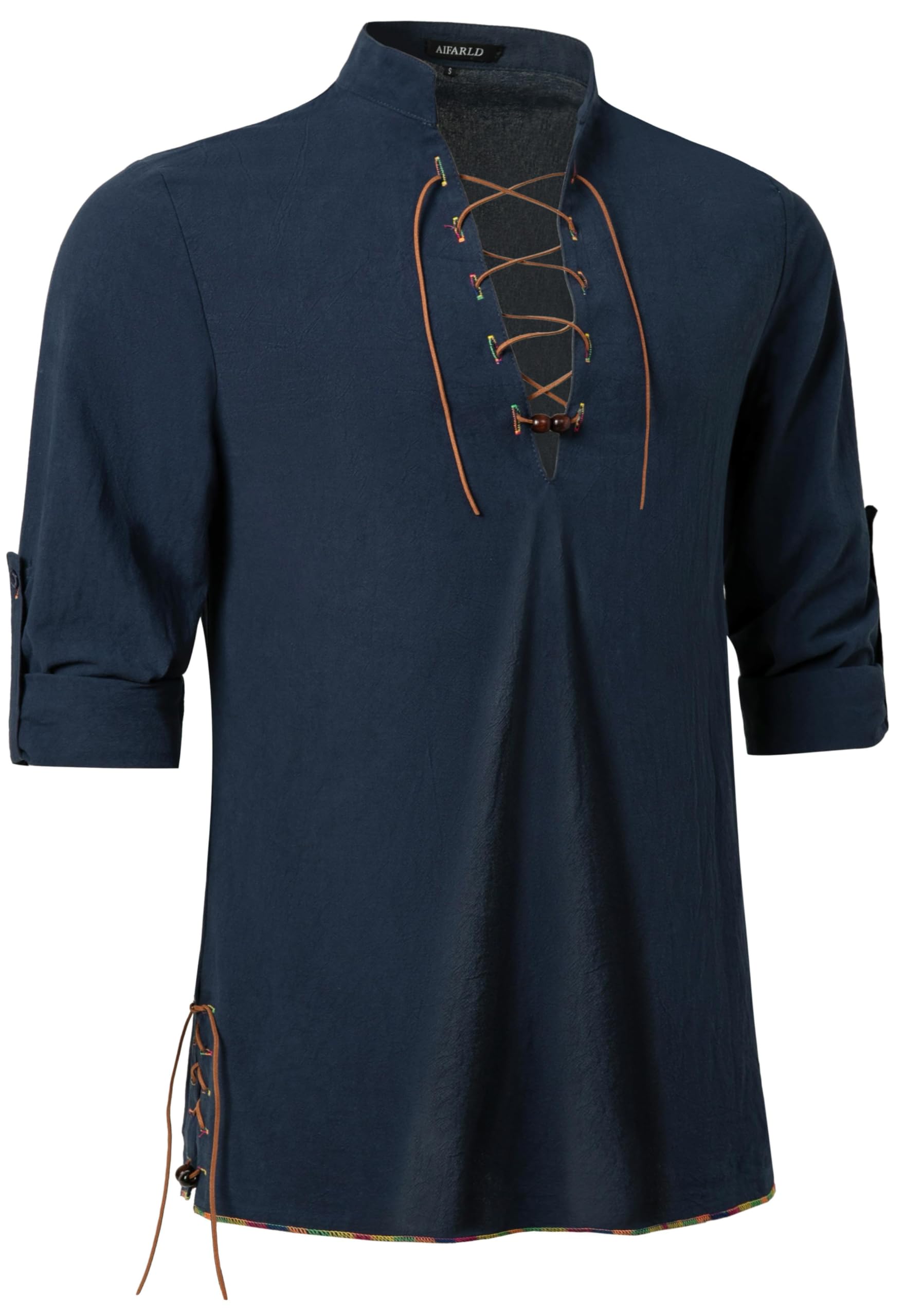 Mens Long Sleeve Shirts Retro Style Lace up for Medieval Viking Hippie Halloween Cosplay Pirate Renaissance Costume