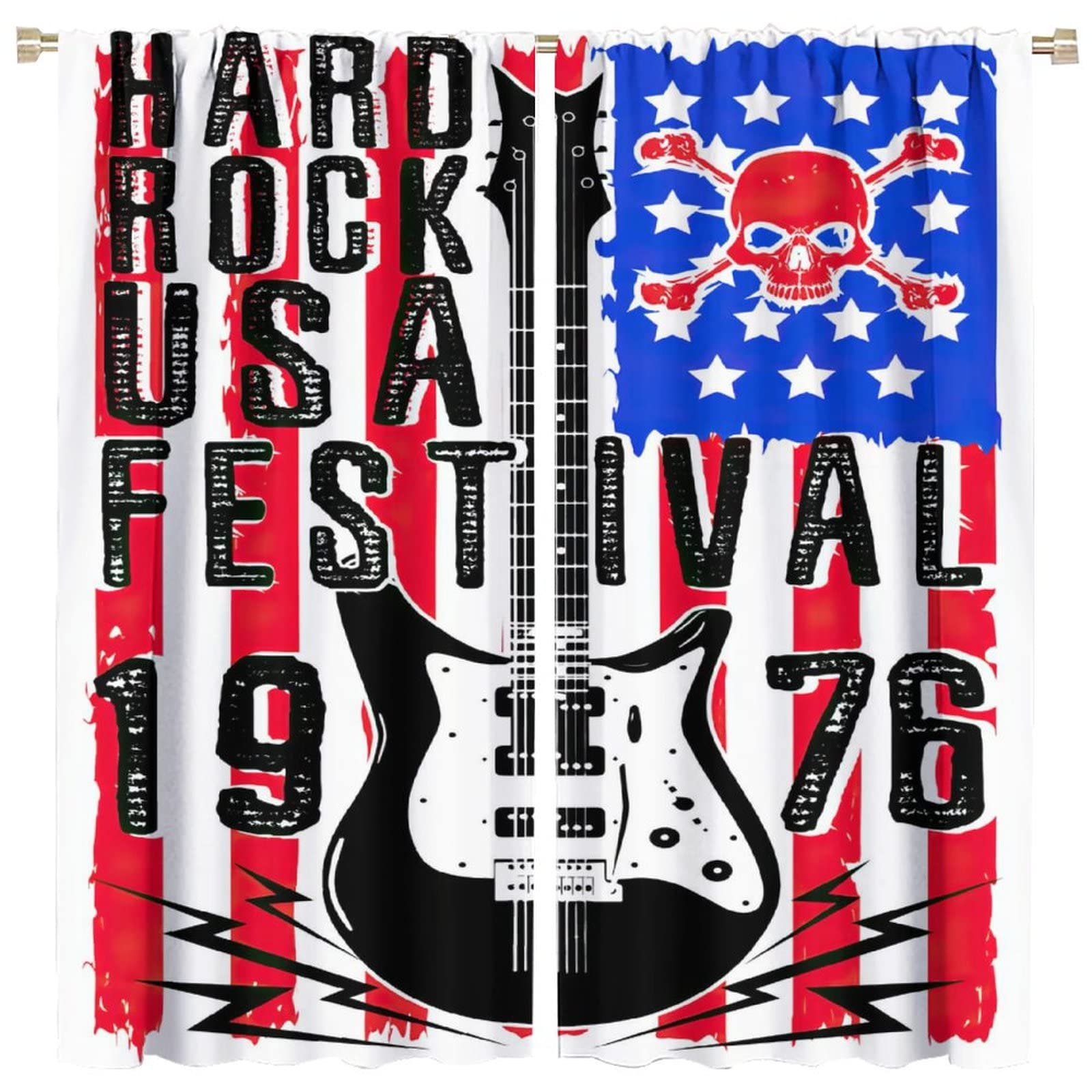 Music Curtain,American Flag Guitar Skull Skeleton Rock Musical Instrument Style Window Treatments Curtains for Bedroom Living Room Decor W84xL84in