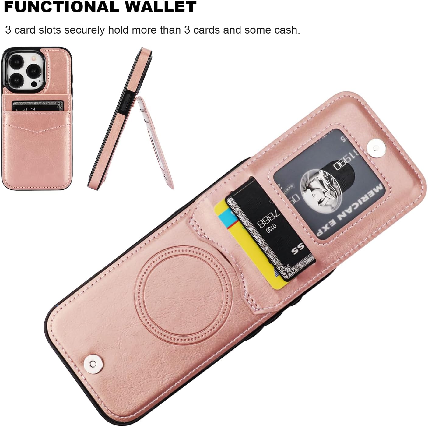KIHUWEY for iPhone 15 Pro Case Wallet Compatible with MagSafe Wireless Charging, Credit Card Holder, RFID Flip Leather Magnetic Clasp Kickstand Heavy Duty Protective Cover 6.1 Inch (Rose Gold)