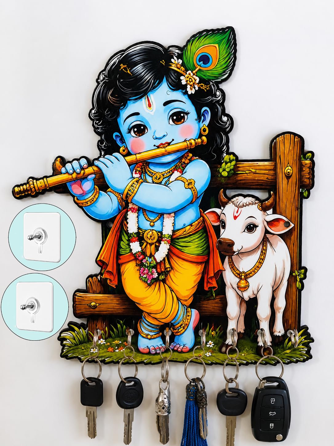 PGS Krishna Wall Key Holder No Drill Adhesive Mount Wooden Key Holder Decorative Organizer Hooks for Home Entrance Spiritual Gift Housewarming Diwali Living Room Decor-image-2