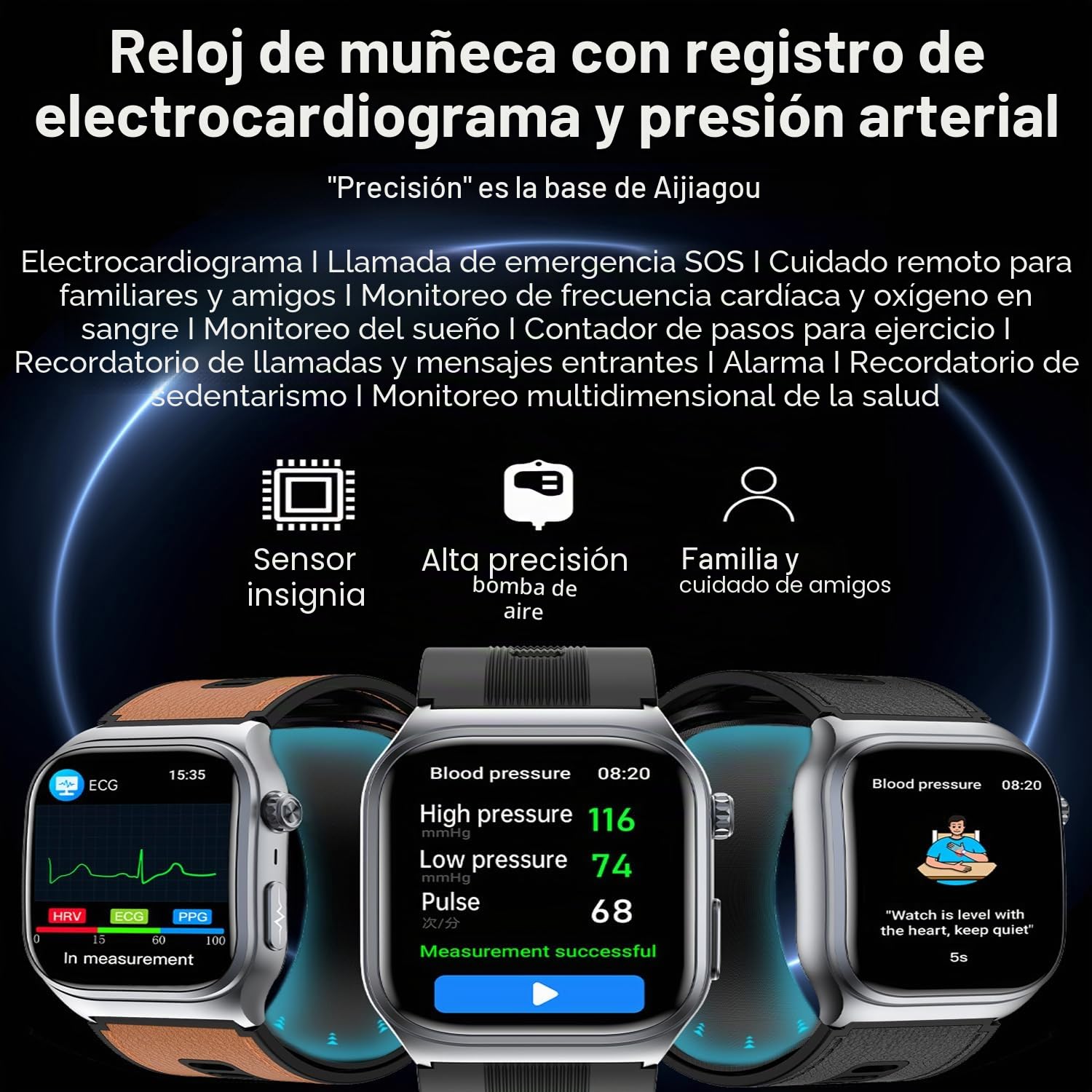 Reloj Inteligente con Presión Arterial Habilitado para Bomba, Pantalla AMOLED HD de 2.06" Smartwatch, Información ECG, Múltiple Modos de Movimiento AI, Batería 530mAh (Negro1)