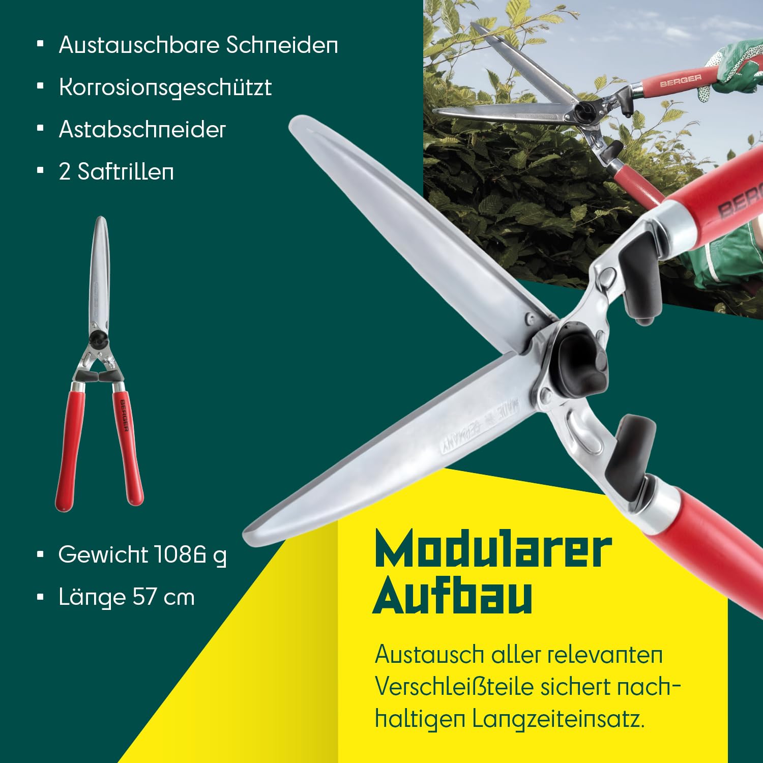 BERGER Heckenschere 4490 mit Buchenholzgriffen | Heckenschere manuell mit 24 cm Schnittlänge | Gerade Klingen & Anschlagdämpfer | Handheckenschere mit 2 Saftrillen | Astabschneider | Made in Germany