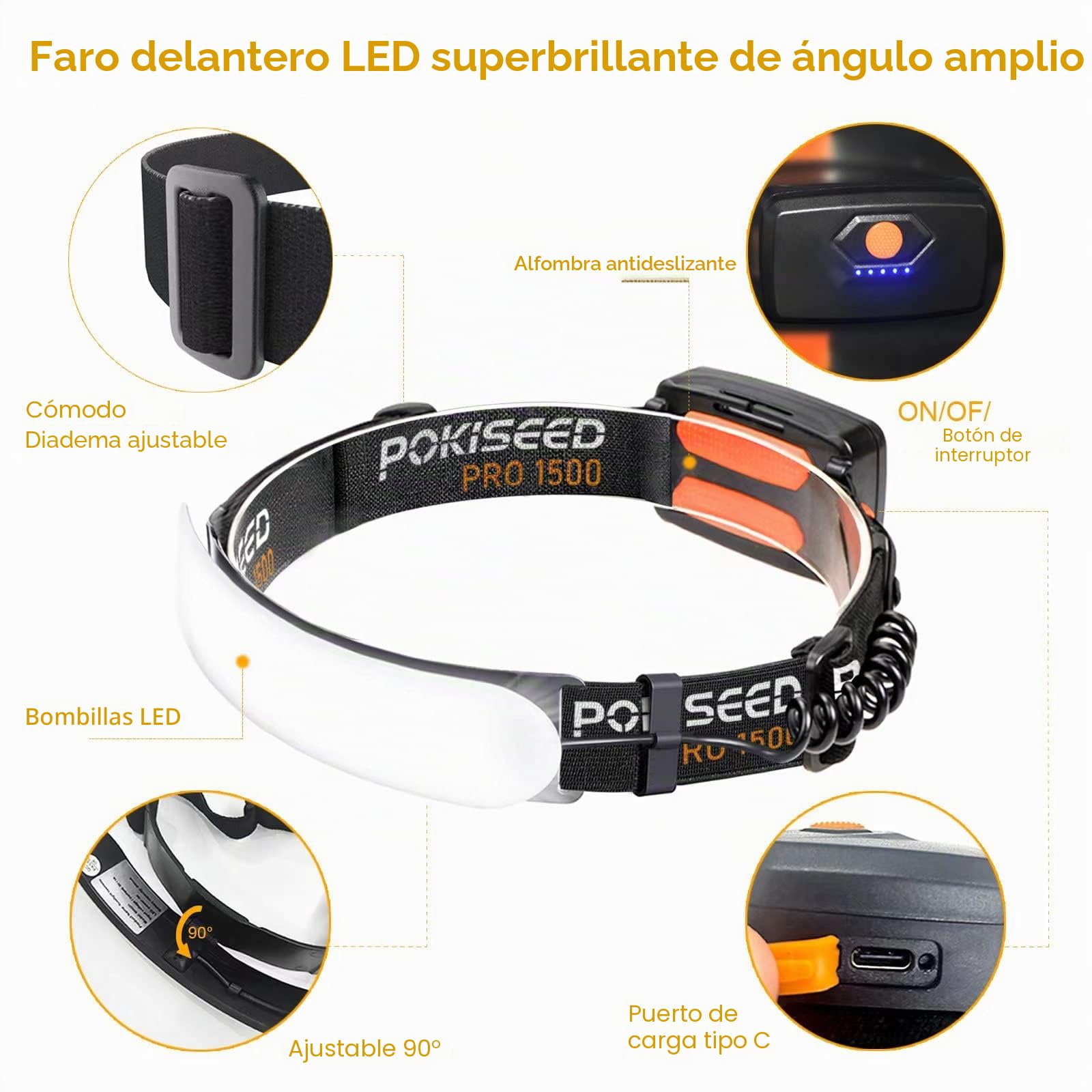 POKISEED Linterna Frontal LED Recargable 1500 Lúmenes USB-C 5000 mAh IPX6 Impermeable