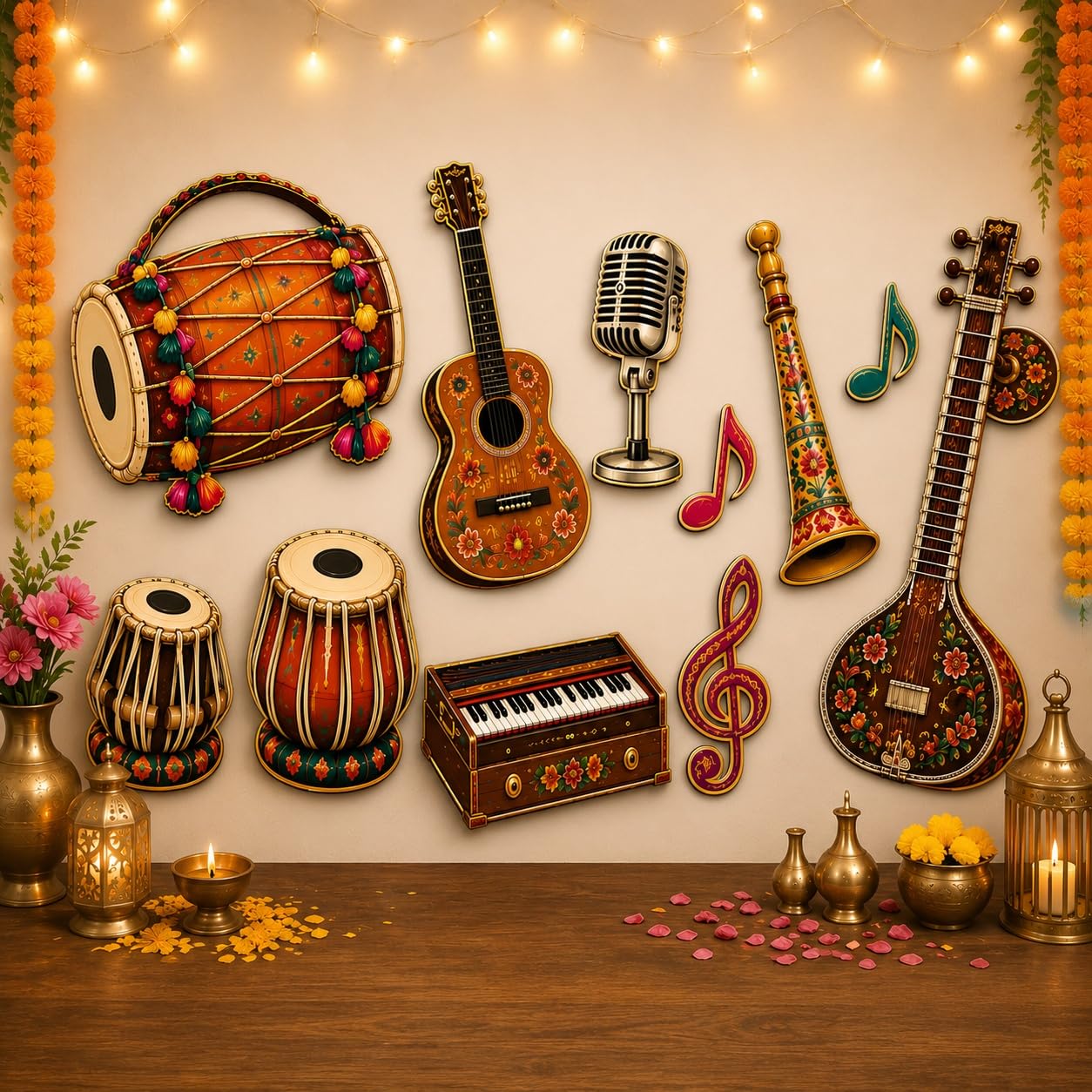 american elm musical instrument mdf wall decor, set of 10, multicolour | printed wooden cutouts, music theme, ready to hang, for music room, classroom, studio, sangeet, home, café & event