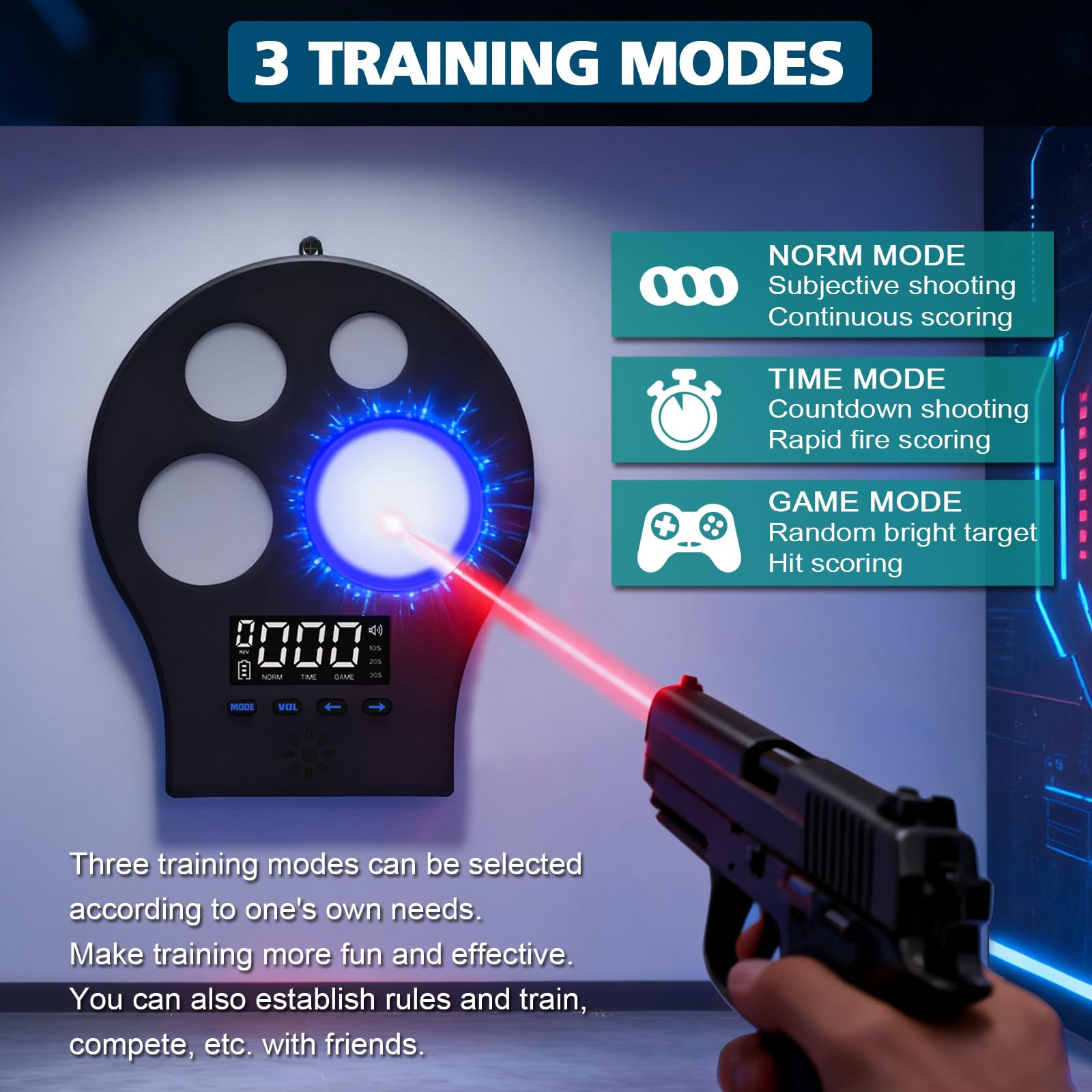 Objetivo de entrenamiento láser M-Target - Sistema de entrenamiento de fuego seco de cuatro zonas para práctica de tiro en interiores, con tres modos, registro de historia y funda portátil