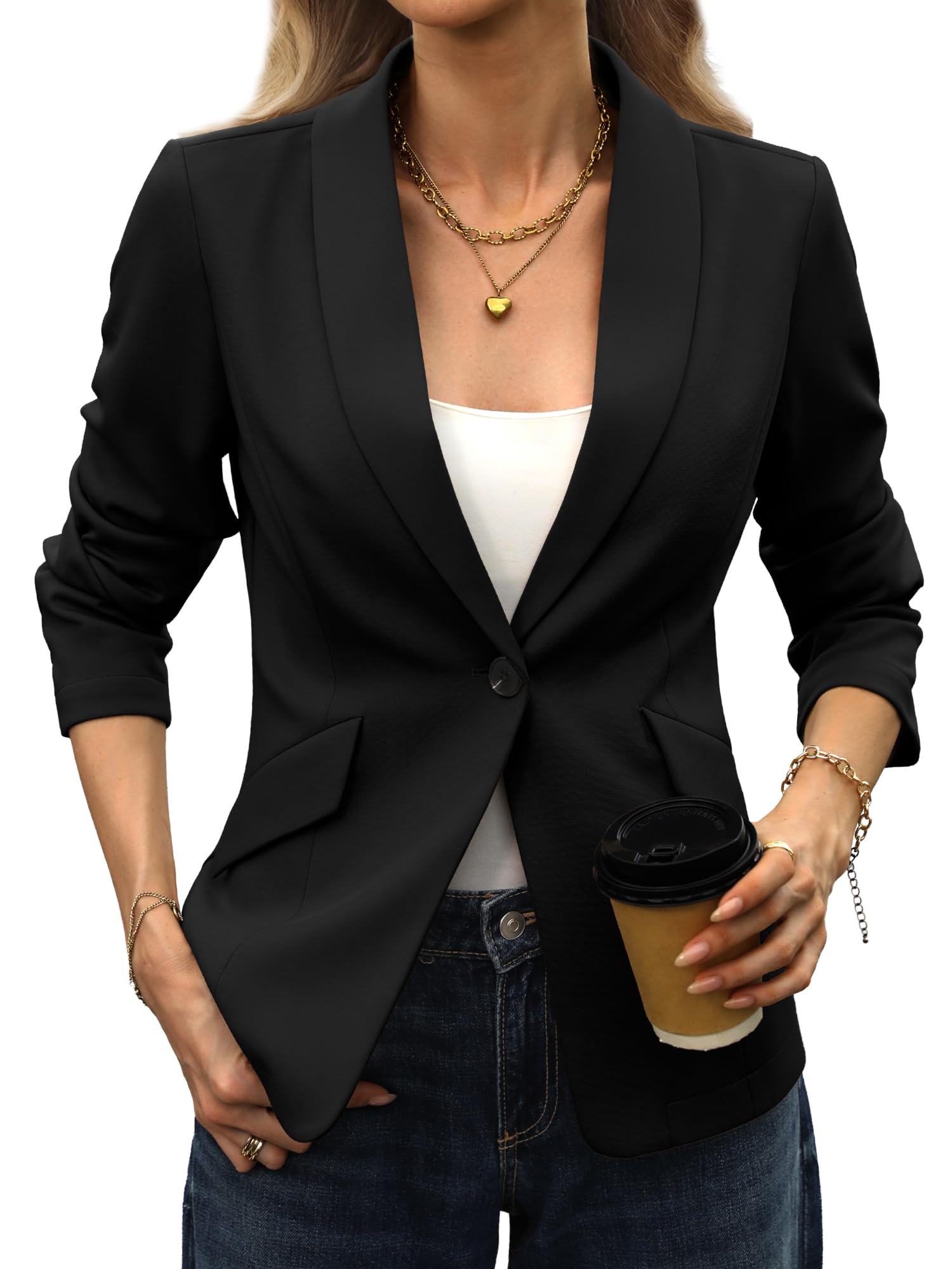 ELLEVEN Slim Fit Blazers for Women Business Casual Stretchy Knit Shawl Lapel Suit Jacket Office Work Outfits for