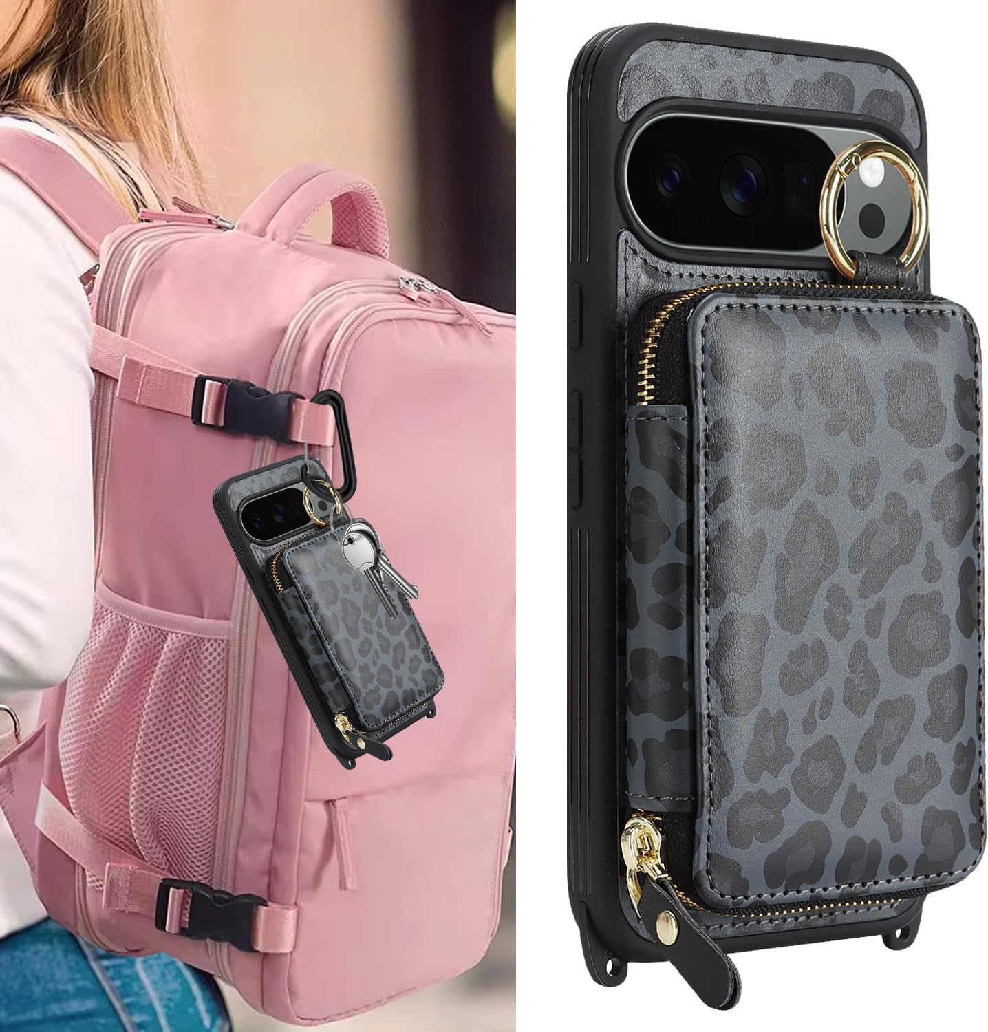 Crossbody Wallet Case for Pixel 10 Pro XL, PU Leather Zipper Handbag Purse Flip Cover, Kickstand Folio Case with Card Slots Holder Wrist Strap Lanyard -Black Leopard