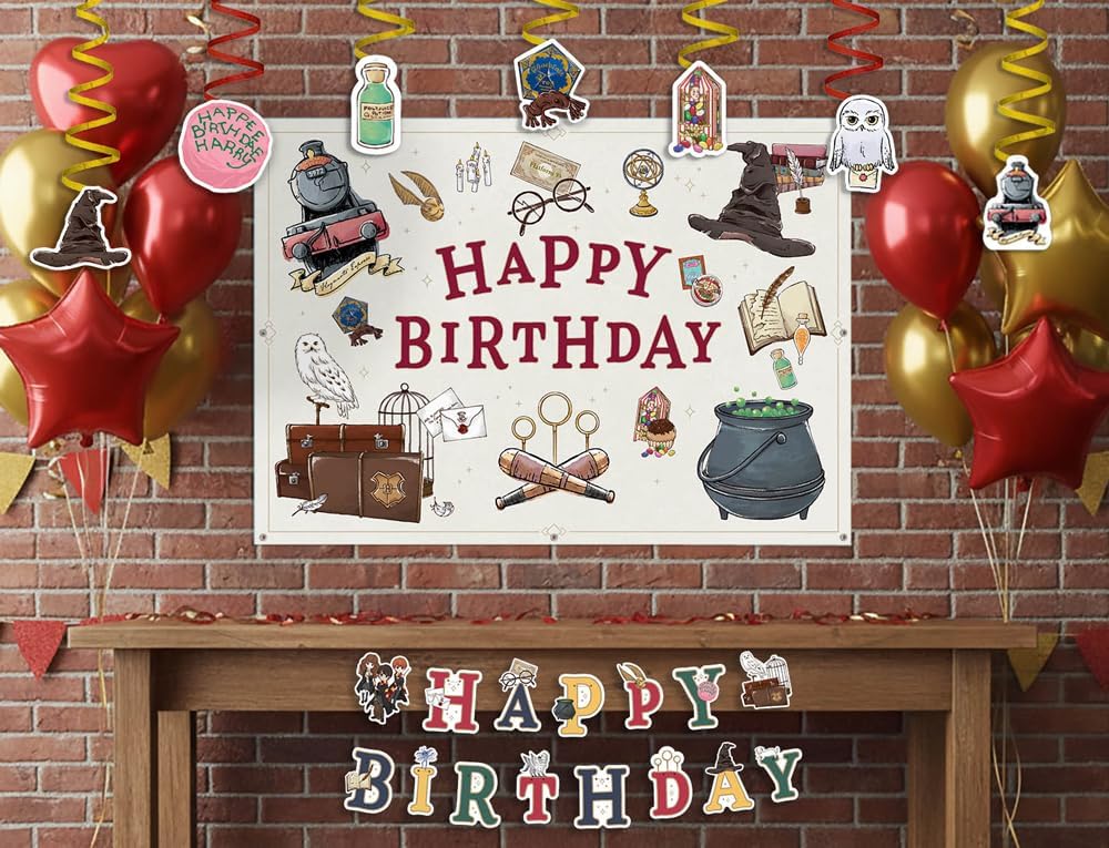 ConQuest Journals Harry Potter Birthday Party Garland & Hanging Decorations Set, Wizarding World HAPPY BIRTHDAY Banner (72"), 14 Hanging Decor Pieces, Kids Birthday Party Supplies, Officially Licensed