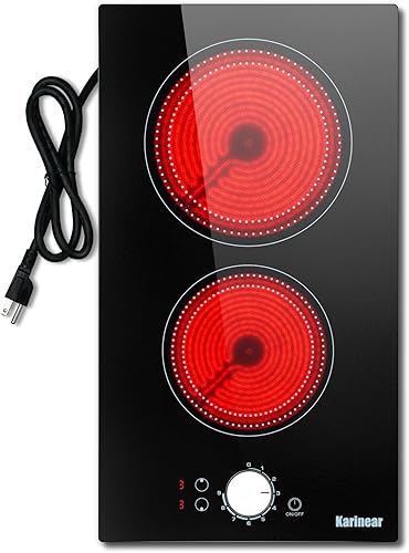 Karinear Placa eléctrica de 2 quemadores de 110 V, control de perilla radiante de estufa de 12 pulgadas, enchufe de salida de 110 V, uso en encimera