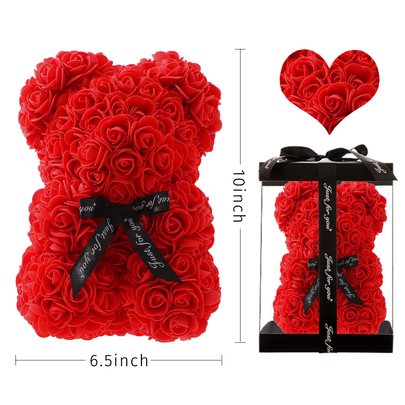 Rose Bear,Handmade Rose Teddy Bear, for Girlfriend and Daughter,10-inch Rose Flower Bear Gifts for Valentine's Day,Mother's Day,Wedding,Anniversary's Clear Gift Box(Red)