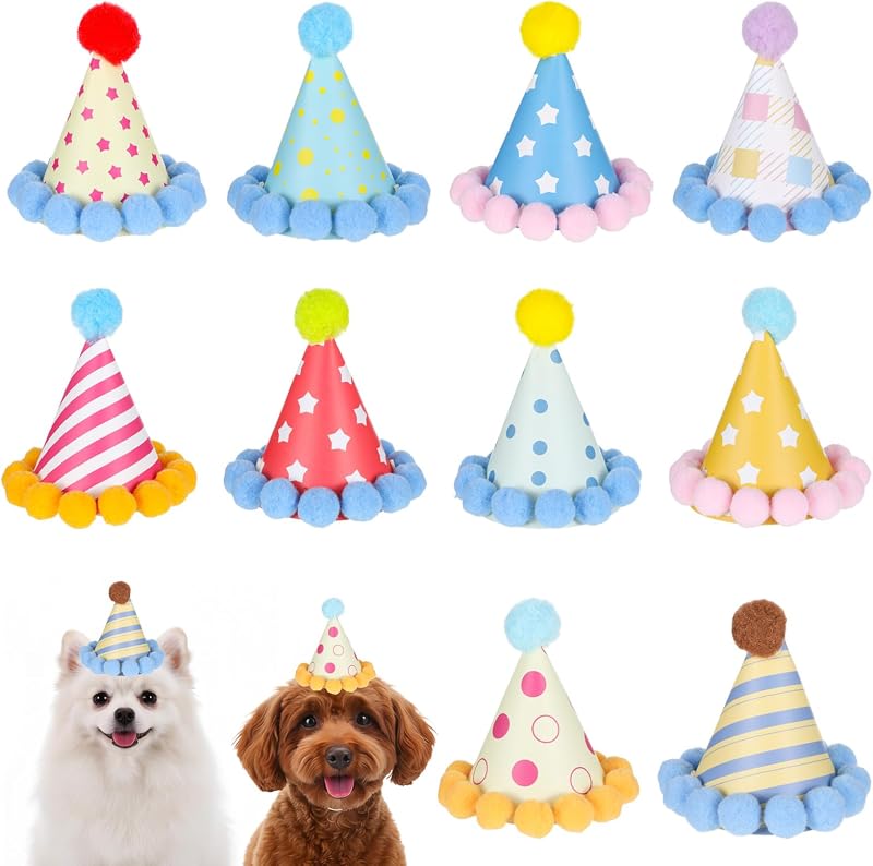 Chapéus de Festa para Cães Pequenos com Pompons Tucnoeu, Coloridos, Pacote com 10